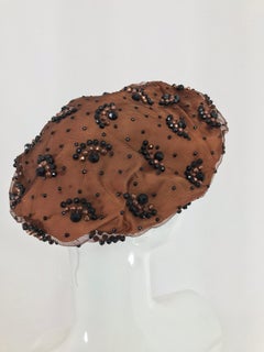 Vintage Miss Dior Christian Dior Beaded Copper Silk Black Net Beret 1960s