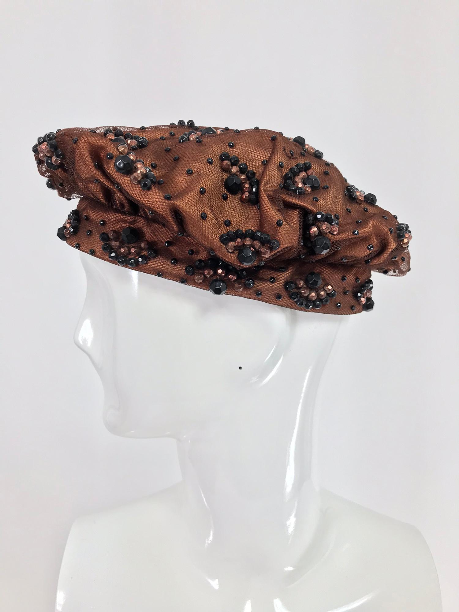 Vintage Miss Dior Christian Dior Beaded Copper Silk Black Net Beret 1960s In Good Condition In West Palm Beach, FL