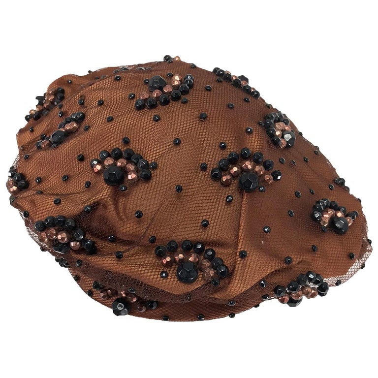 Vintage Miss Dior Christian Dior Beaded Copper Silk Black Net Beret 1960s For Sale