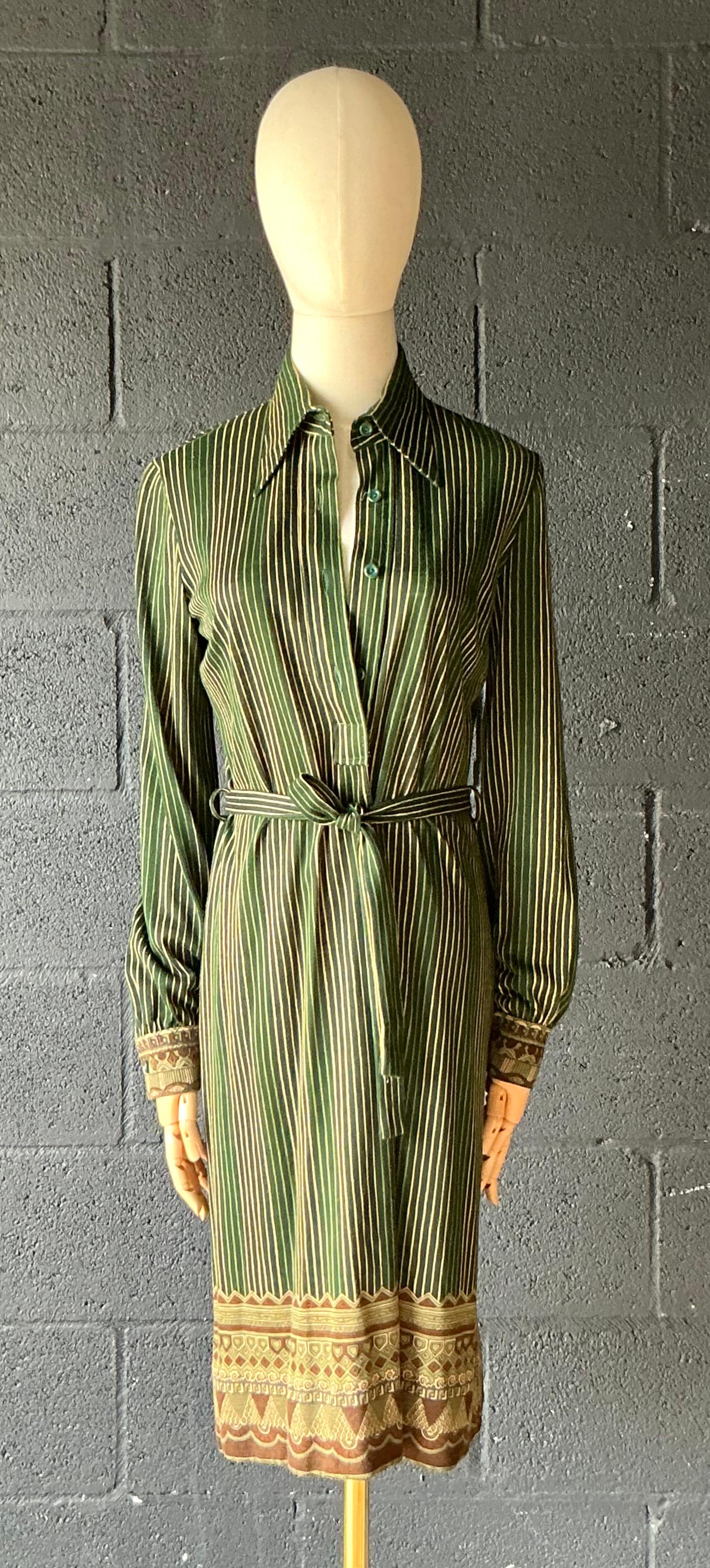 Vintage Miss O Vestido verde a rayas con cinturón Marrón en venta