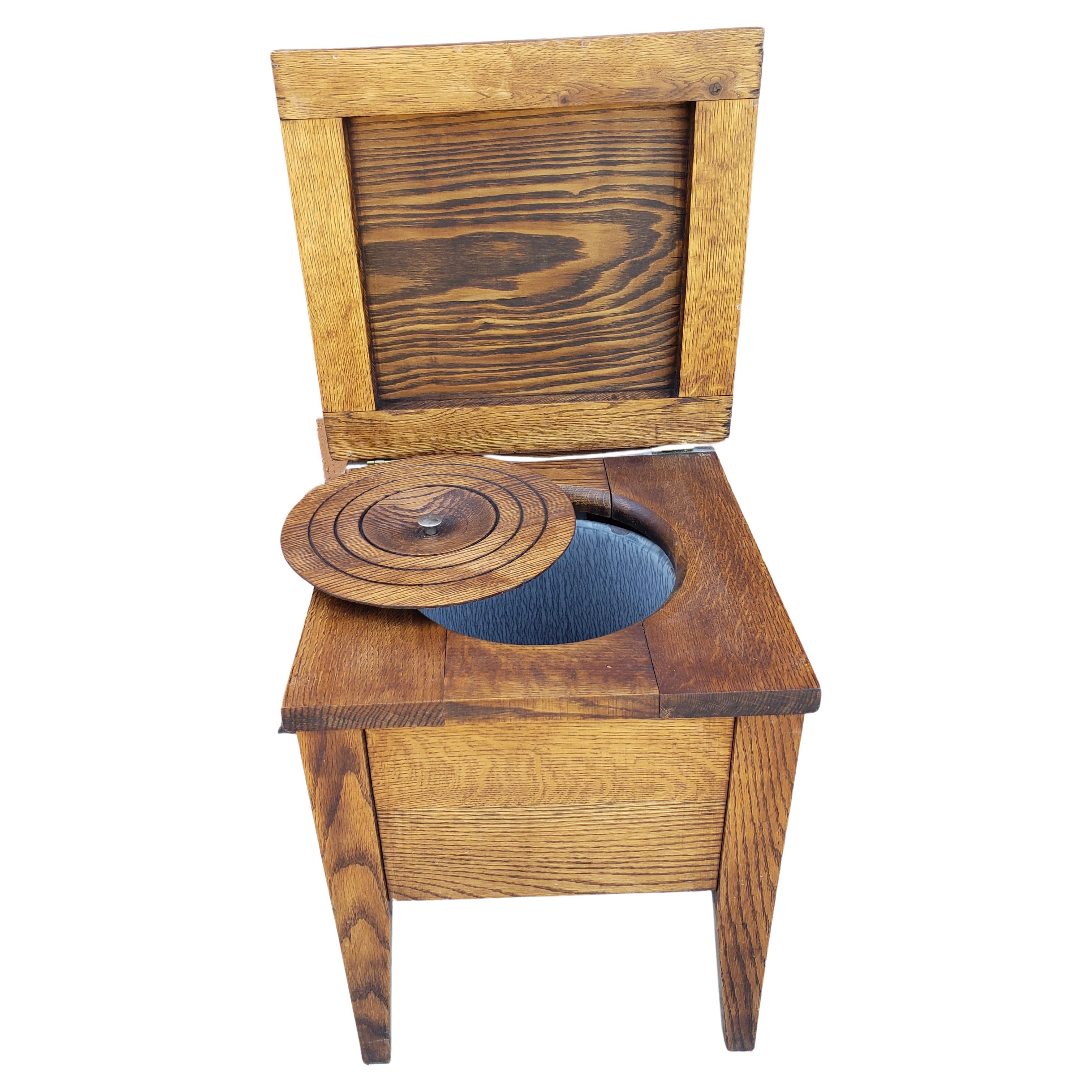 Hand-Crafted Vintage Mission Oak Flip-Top Low Stool Commode Trash Box Bucket For Sale