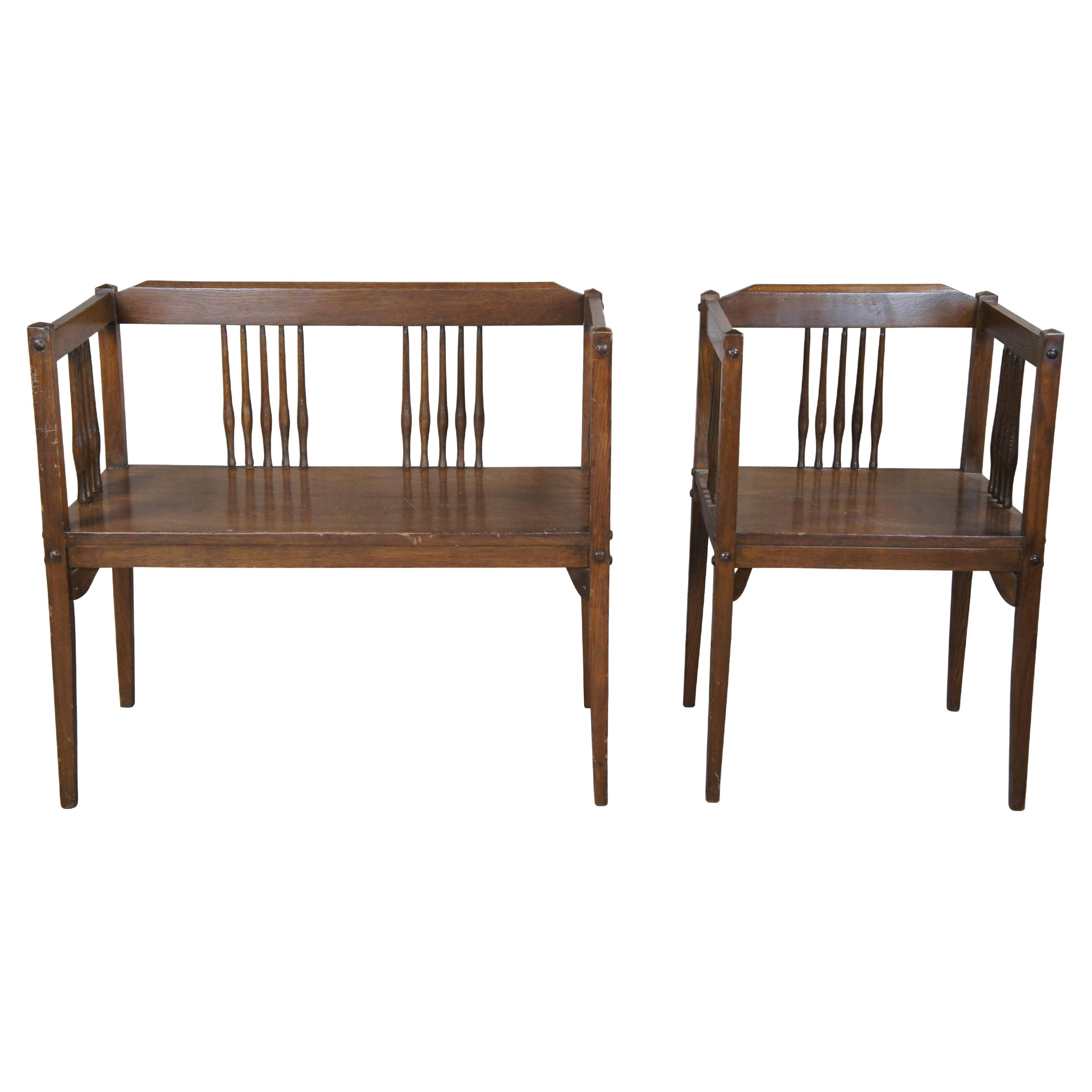 Vintage Mission Style Arts & Crafts Oak Spindle Bench Chair Settee Armchair
