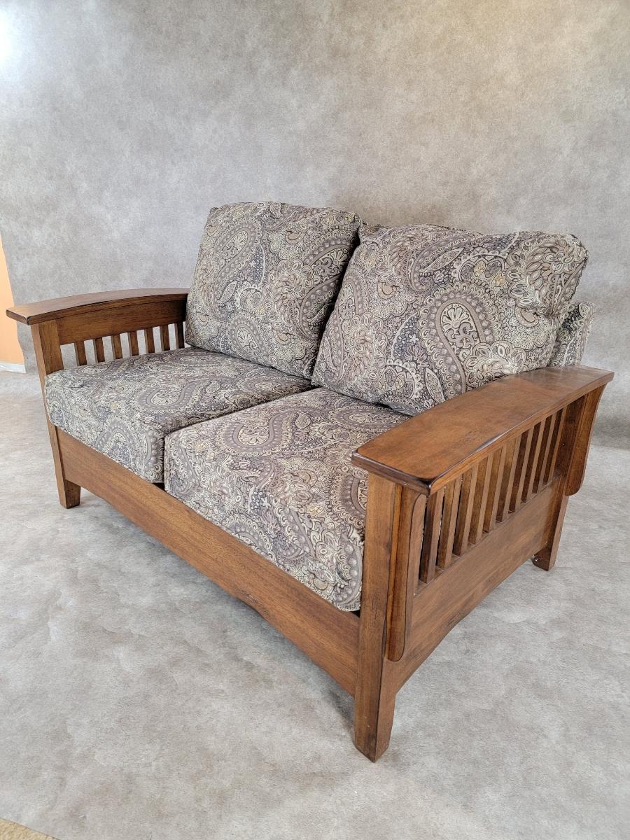 Unknown Vintage Mission Style Wood Paisley Upholstered Farmhouse Loveseat