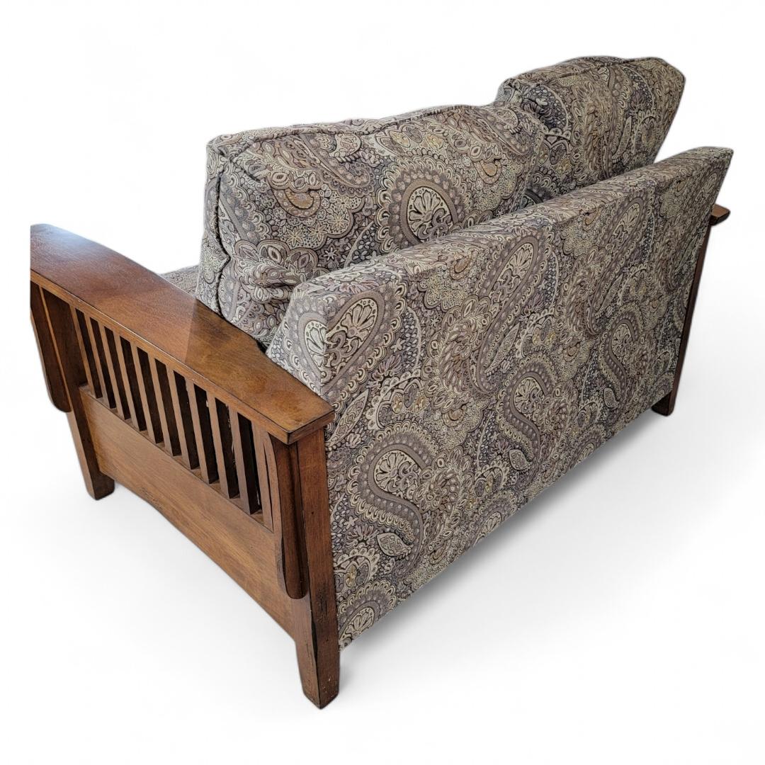 20th Century Vintage Mission Style Wood Paisley Upholstered Farmhouse Loveseat