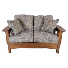 Vintage Mission Style Wood Paisley Upholstered Farmhouse Loveseat