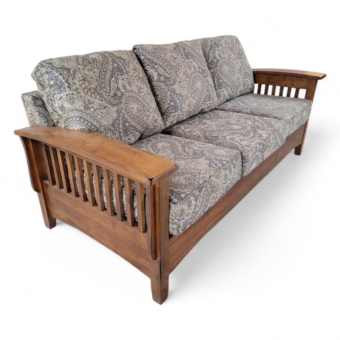 Vintage Mission Styled Solid Wood Framed  Paisley Upholstered Farmhouse 3 Seat Sofa in Solid Wood Frame

Circa 20th Century 

Dimensions:
Sofa :
30