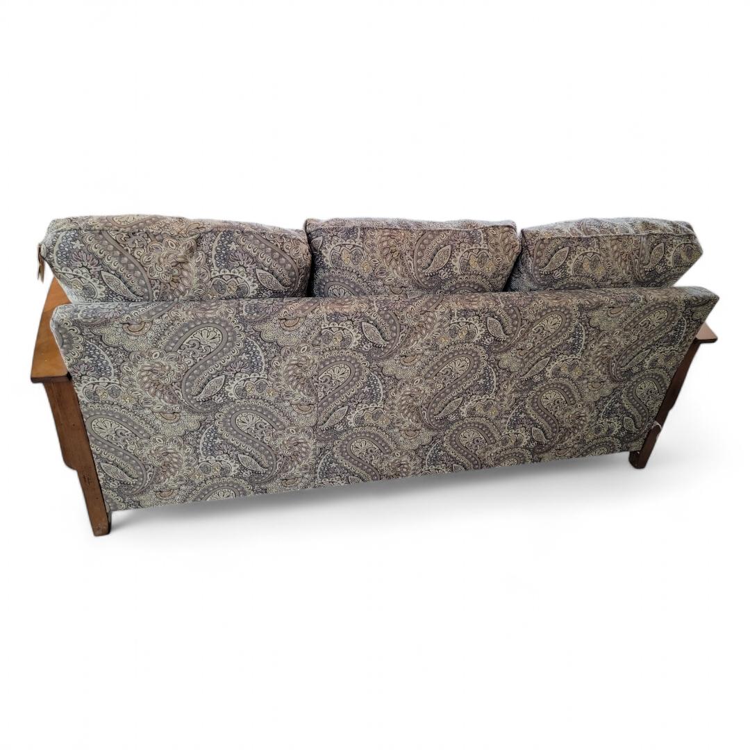 Unknown Vintage Mission Style Wood Paisley Upholstered Farmhouse Sofa