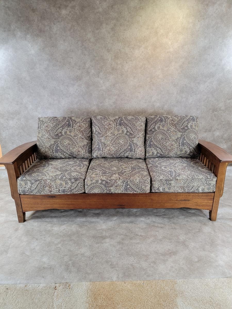 Vintage Mission Style Wood Paisley Upholstered Farmhouse Sofa In Good Condition In Chicago, IL