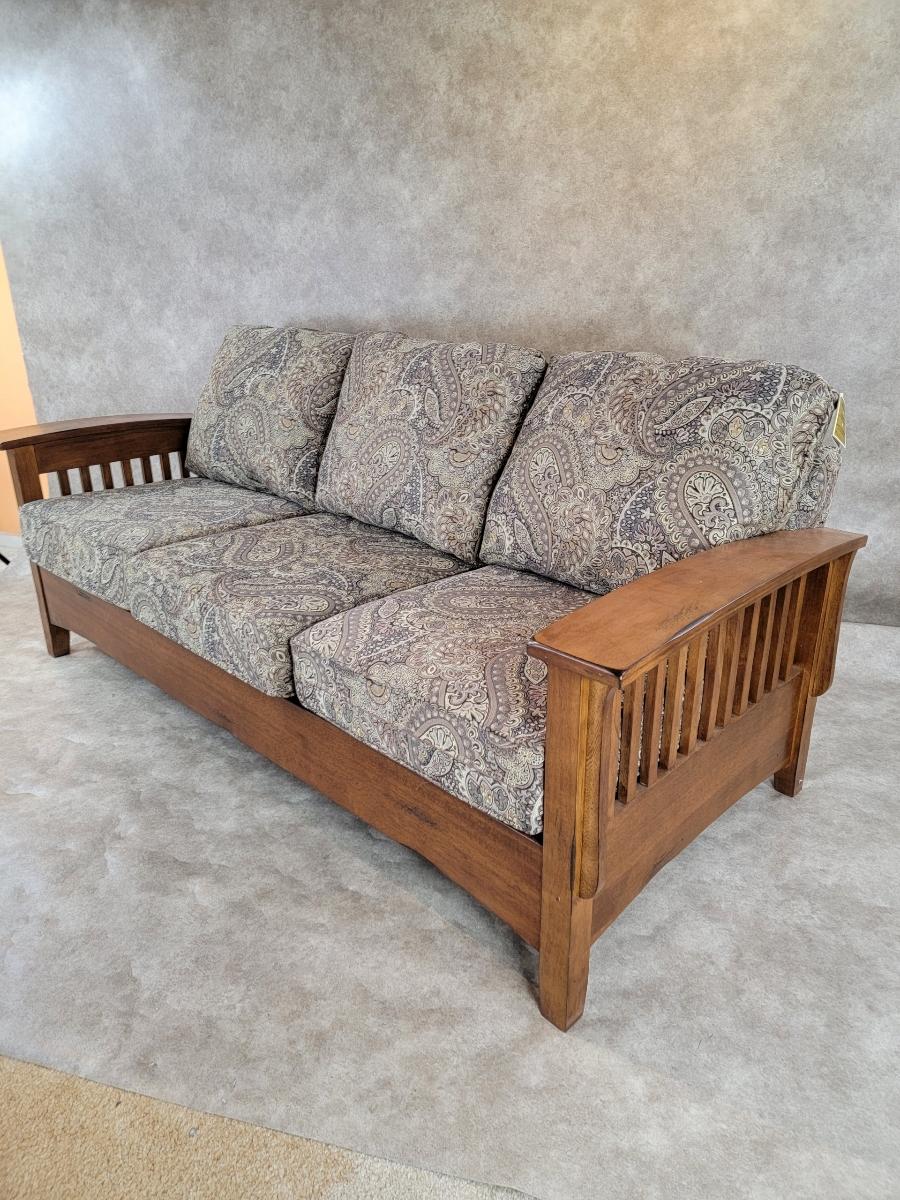 20th Century Vintage Mission Style Wood Paisley Upholstered Farmhouse Sofa