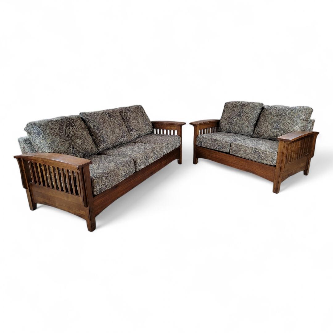 Upholstery Vintage Mission Style Wood Paisley Upholstered Farmhouse Sofa