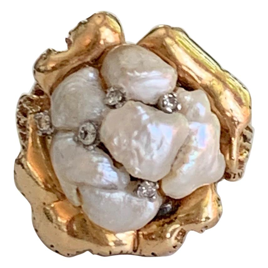 Vintage Mississippi River Pearl 14 Karat Gold Floral Design Ring