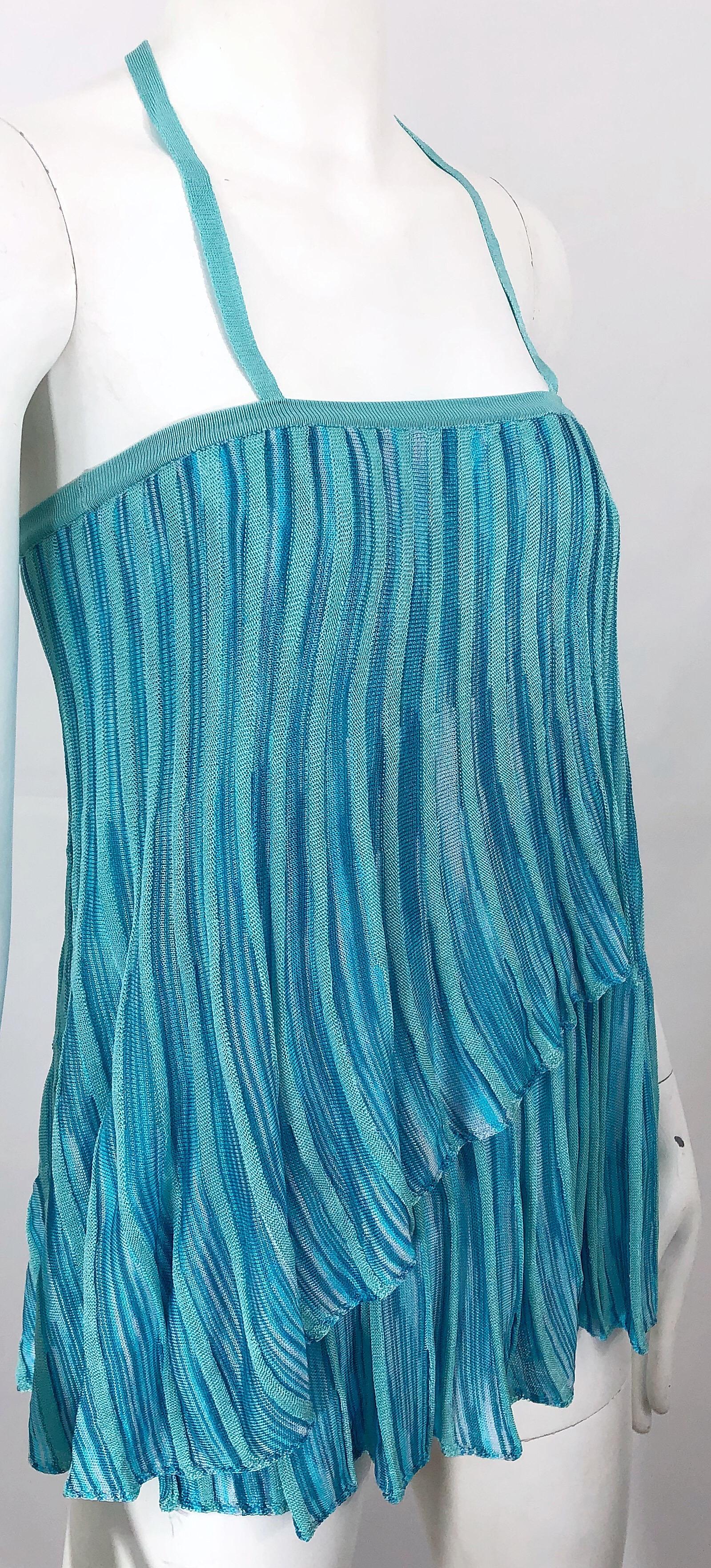 Vintage Missoni 1990s Turquoise Teal Blue Knit Vintage 90s Halter Top OR Skirt For Sale 8