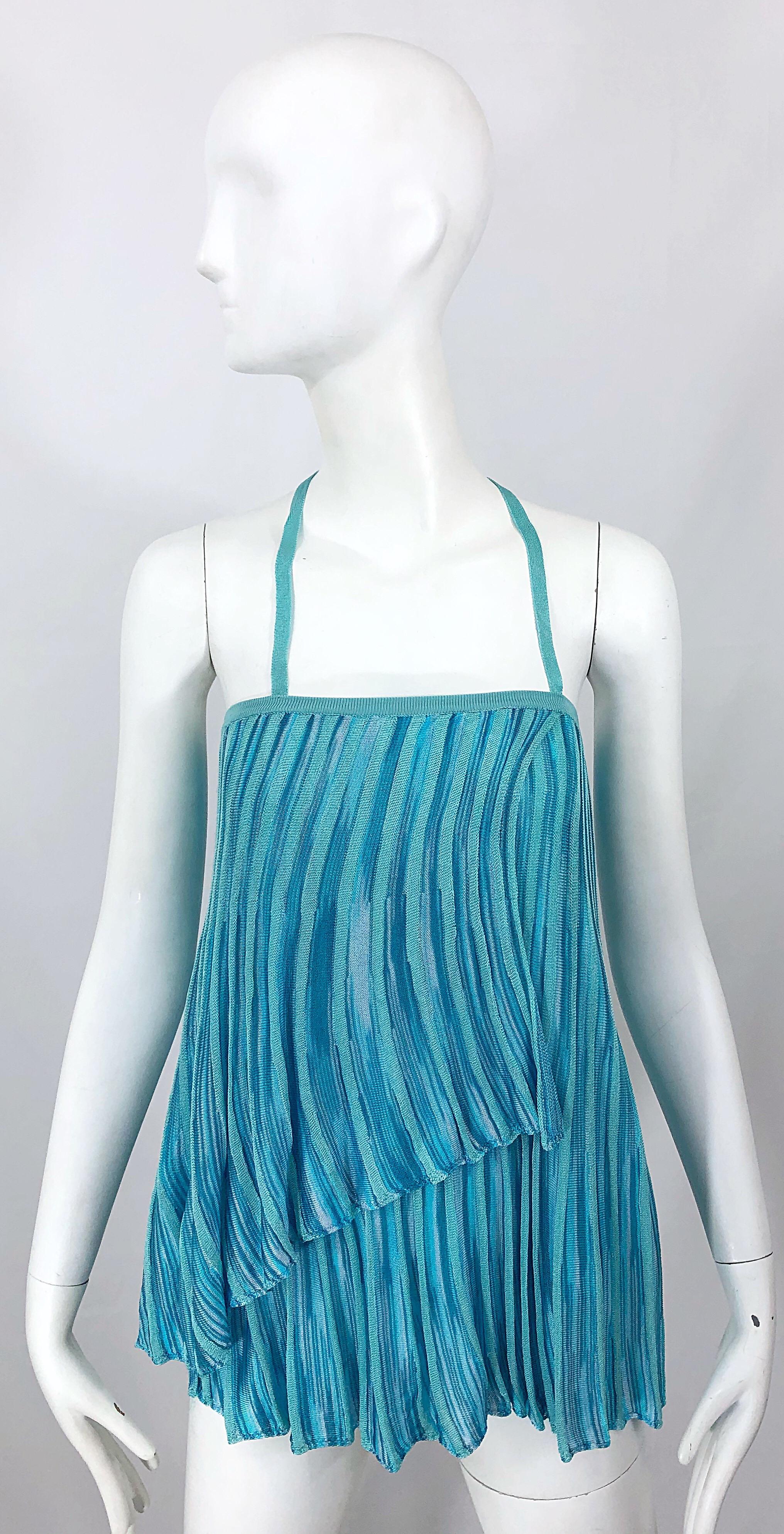 Vintage Missoni 1990s Turquoise Teal Blue Knit Vintage 90s Halter Top OR Skirt For Sale 9
