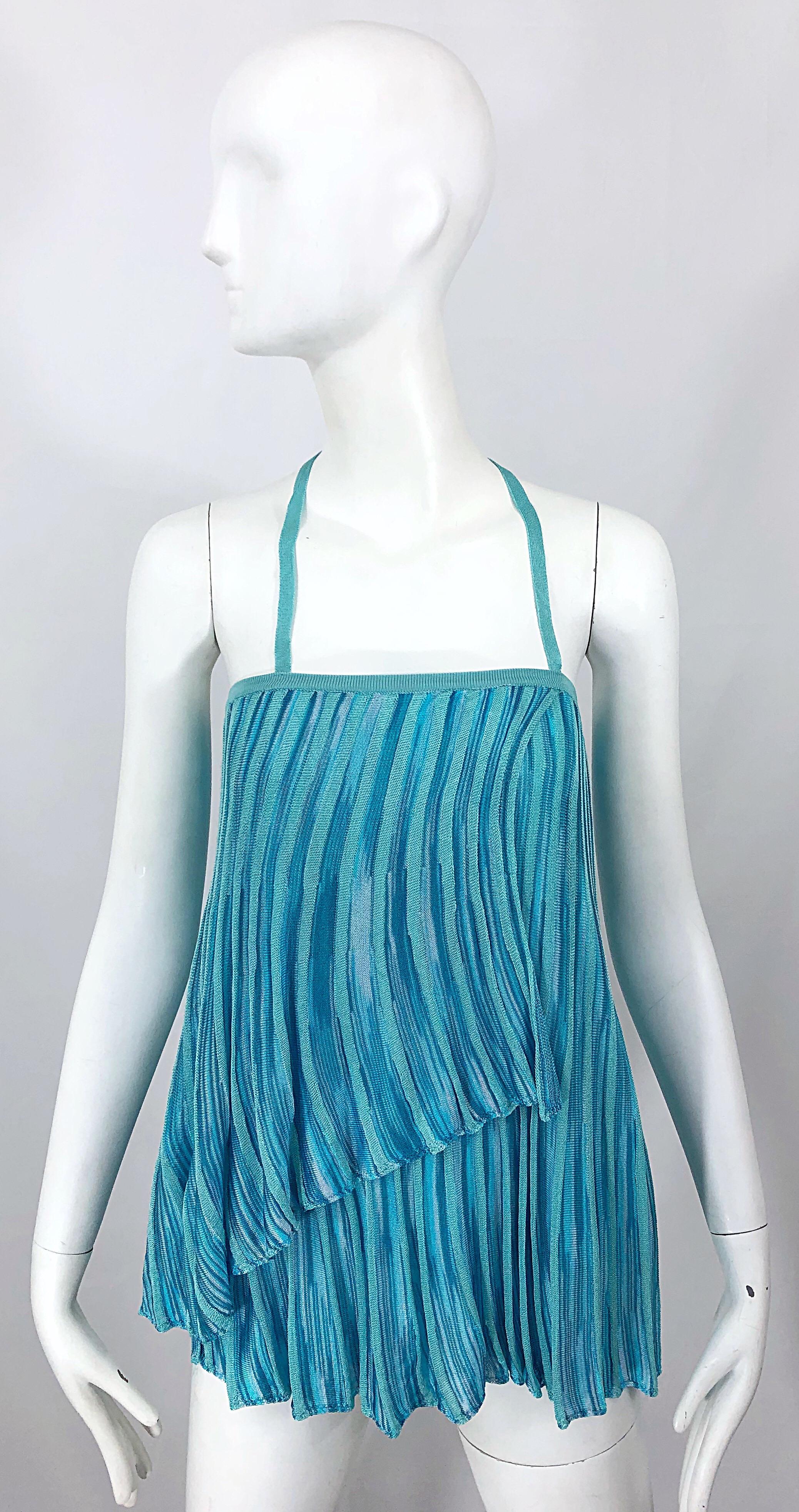 Chic vintage 1990s MISSONI turquoise, teal, and blue signature rayon knit halter top OR skirt! Features bold vibrant shades of blue that are perfect on any skin tone. Simple slips over the head. Strap can also be tucked in to be worn as a tube top