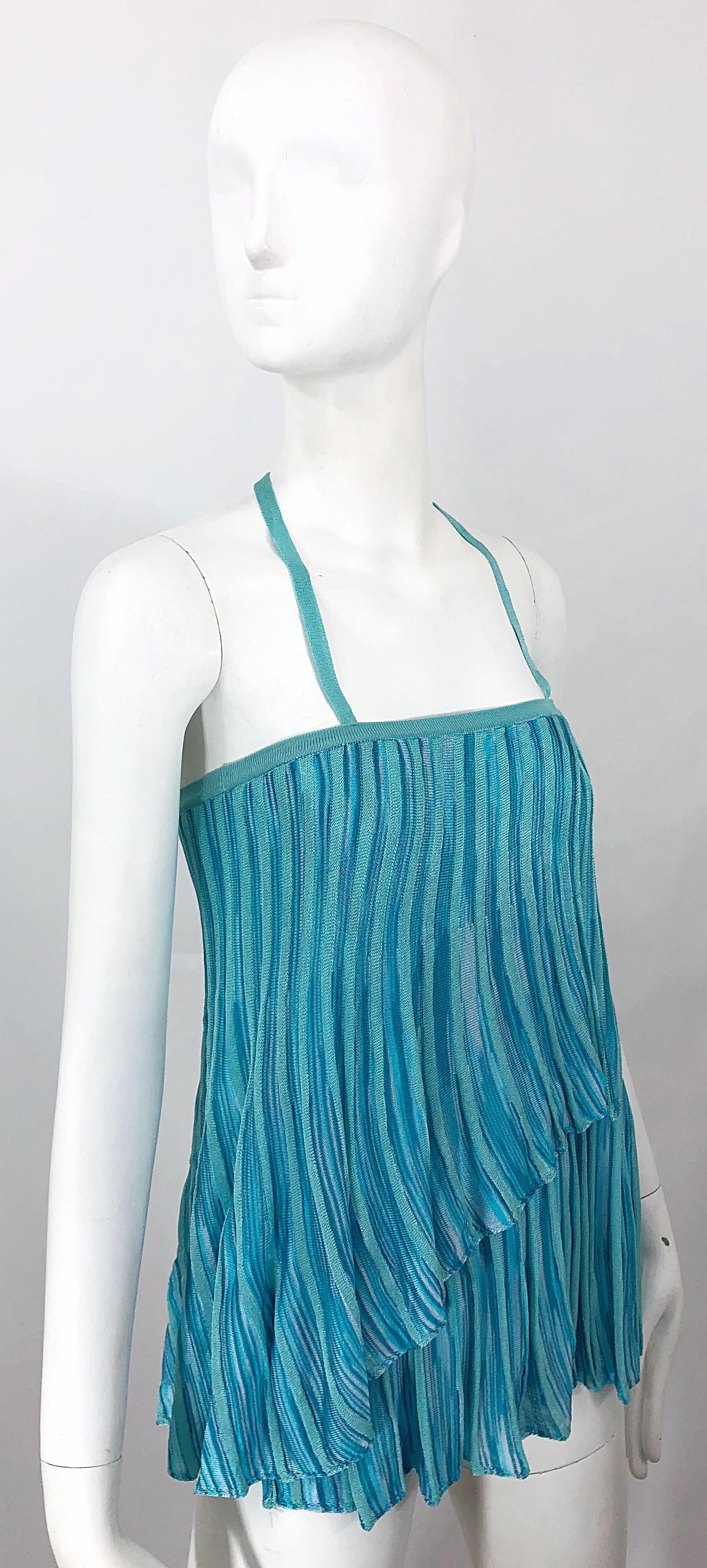 Vintage Missoni 1990s Turquoise Teal Blue Knit Vintage 90s Halter Top OR Skirt For Sale 2