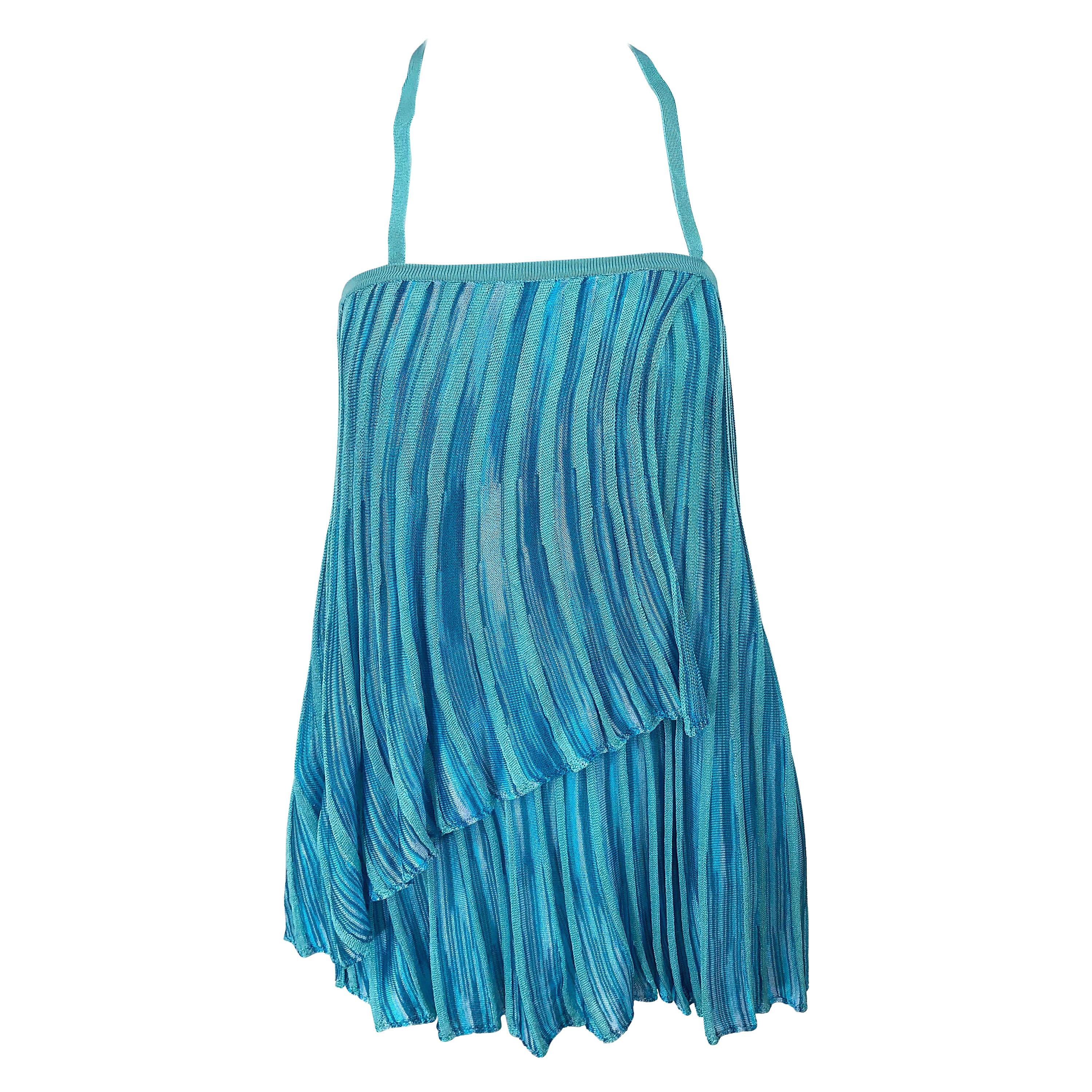 Vintage Missoni 1990s Turquoise Teal Blue Knit Vintage 90s Halter Top OR Skirt For Sale