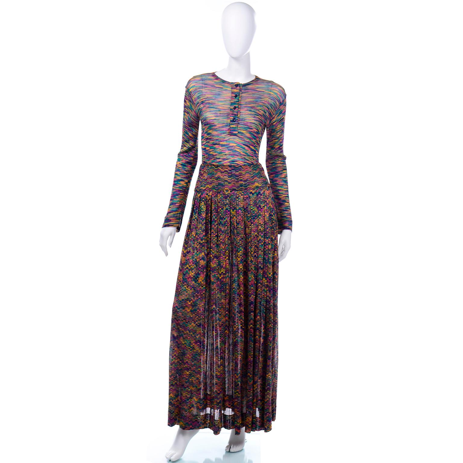 This is a really fun vintage 1970's multicolored Missoni two-piece Maglia knit dress that has a long sleeve henley style top and a pleated elastic waist skirt. The top is semi-sheer and the skirt has pleats, so it isn't as sheer as the top. The