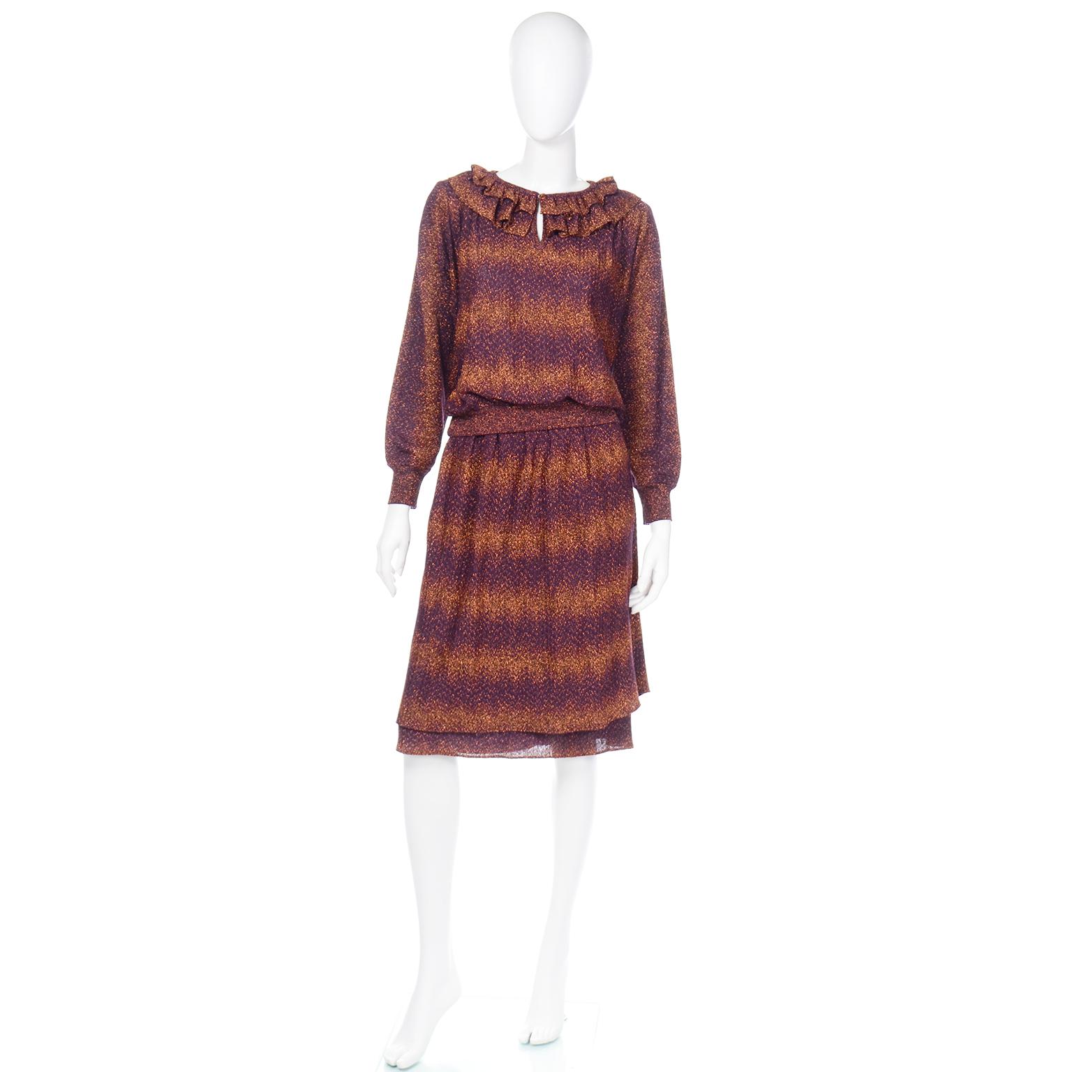 This is a wonderful vintage 1970's Missoni for Saks Fifth Avenue purple knit with metallic bronze lurex details. We love this outfit because you can wear each of the pieces separately or wear them together as a 2 piece dress.  The top of this set
