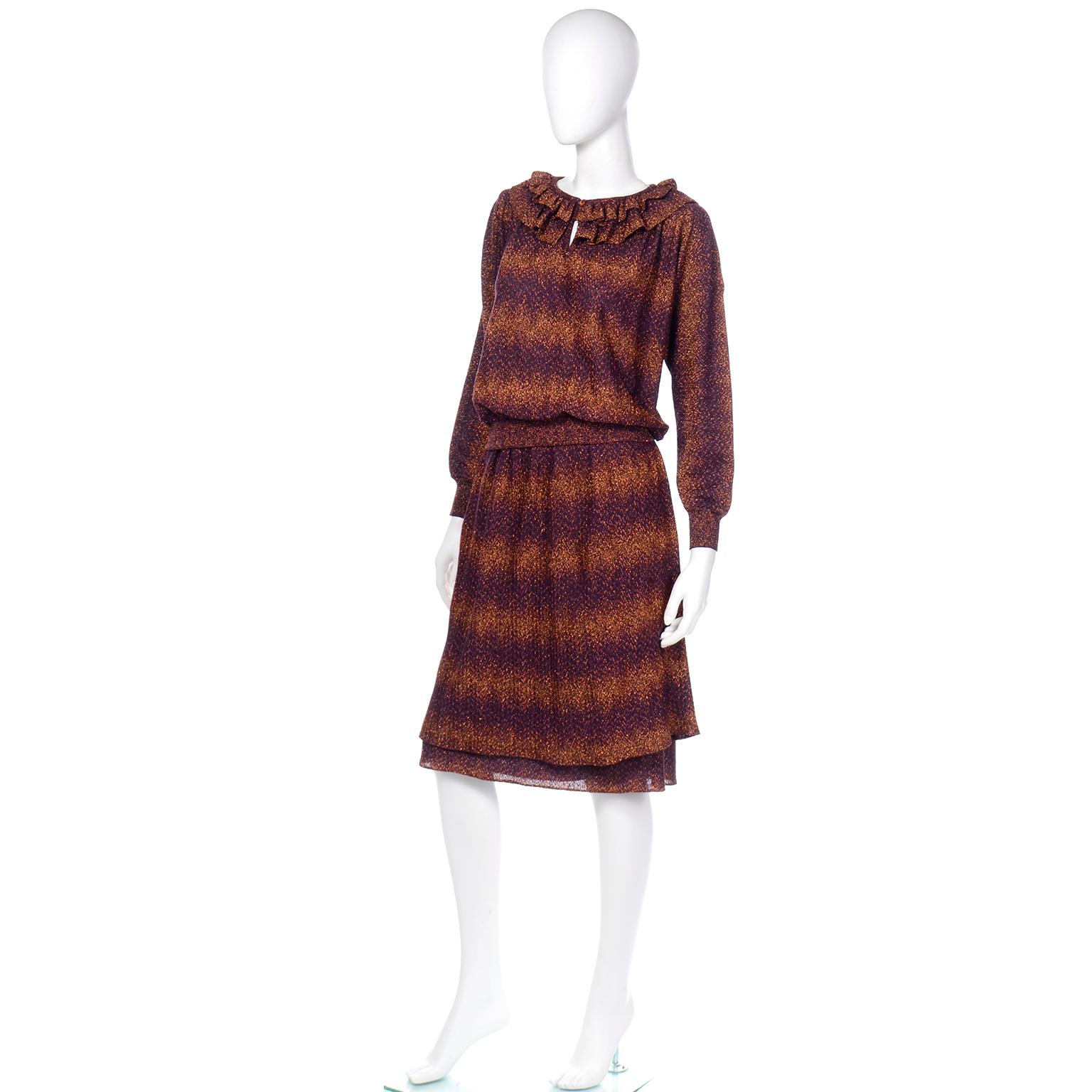 Marron Vintage Missoni 2pc Dress Purple & Copper Metallic Ruffled Top & Tiered Skirt en vente