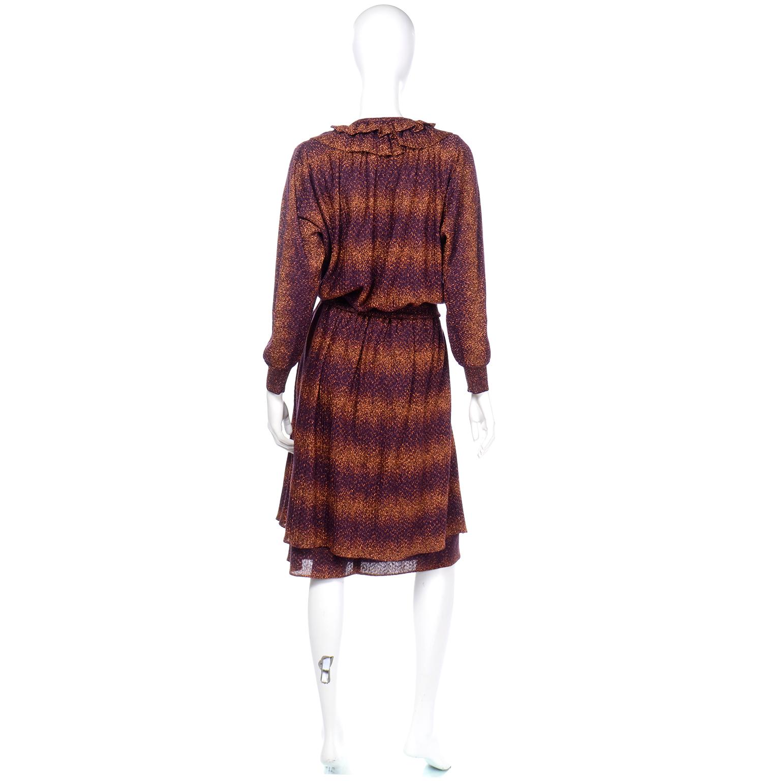 Vintage Missoni 2-teiliges Vintage-Kleid lila & Kupfer Metallic gerafftes Top & gestuftes Rock (Braun) im Angebot