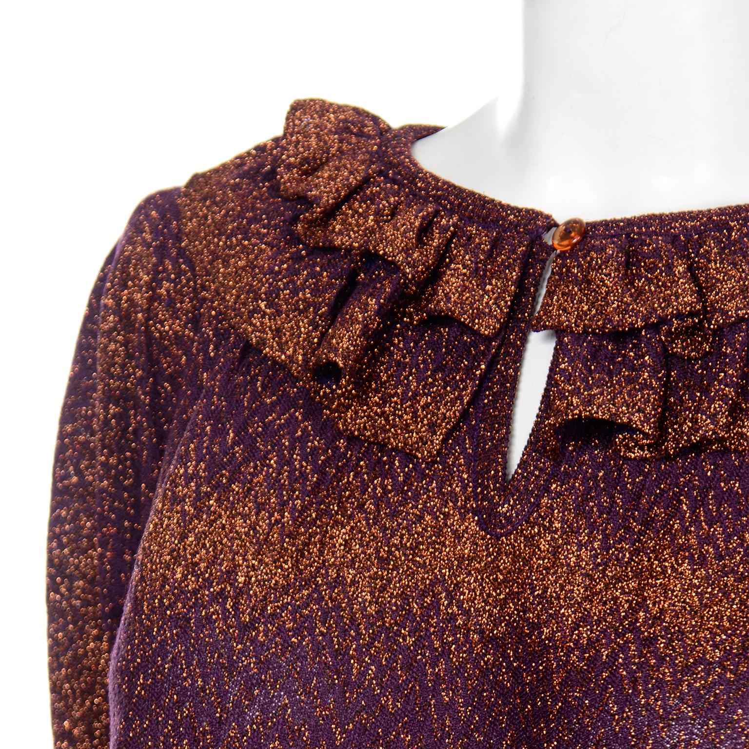 Vintage Missoni 2pc Dress Purple & Copper Metallic Ruffled Top & Tiered Skirt en vente 1