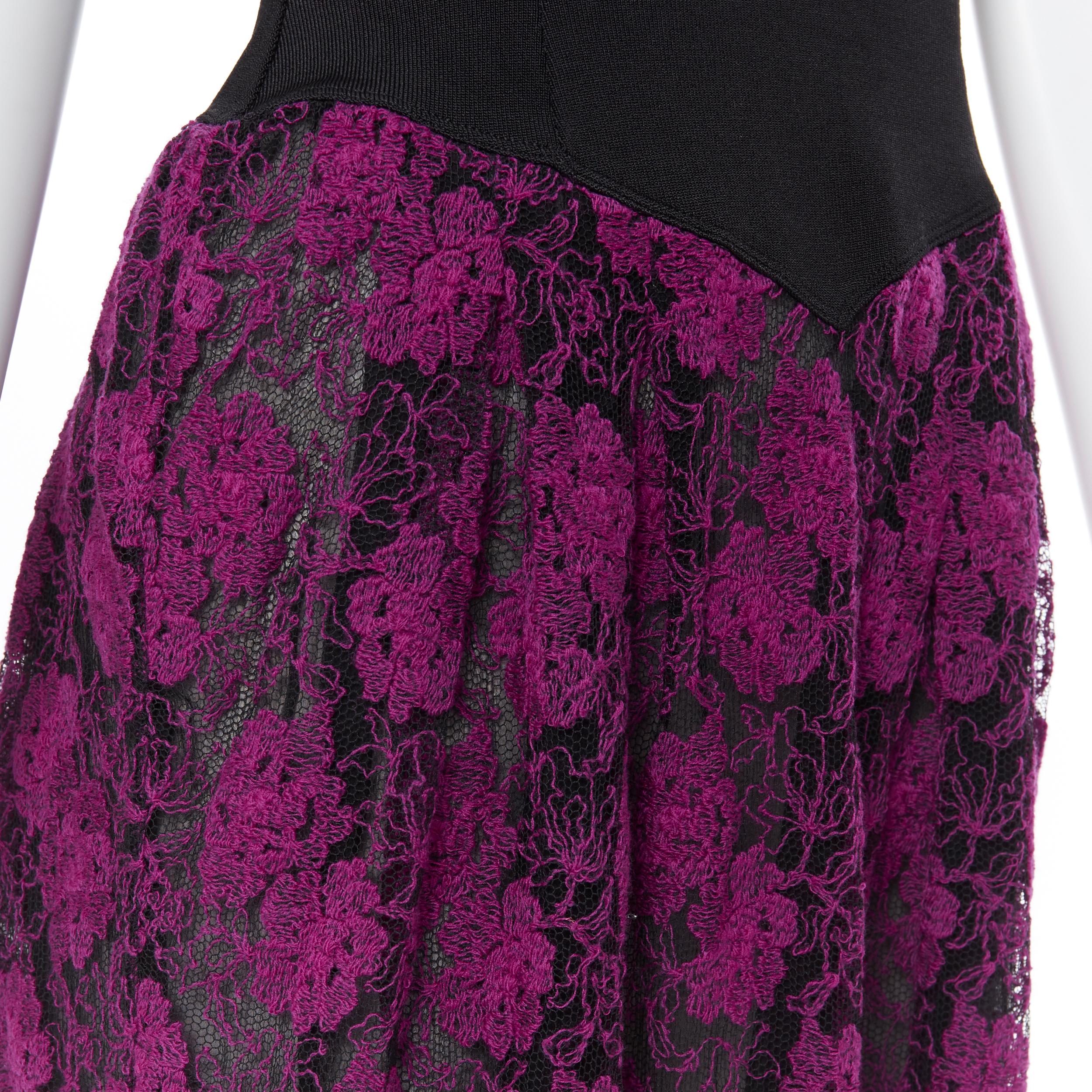 vintage MISSONI Black stretch bustier purple floral lace overlay maxi dress IT42 
Reference: AYYP/A00005 
Brand: Missoni 
Material: Unknown 
Color: Purple 
Pattern: Floral 
Extra Detail: Stretch strapless bust. Floral embroidery on mesh skirt.