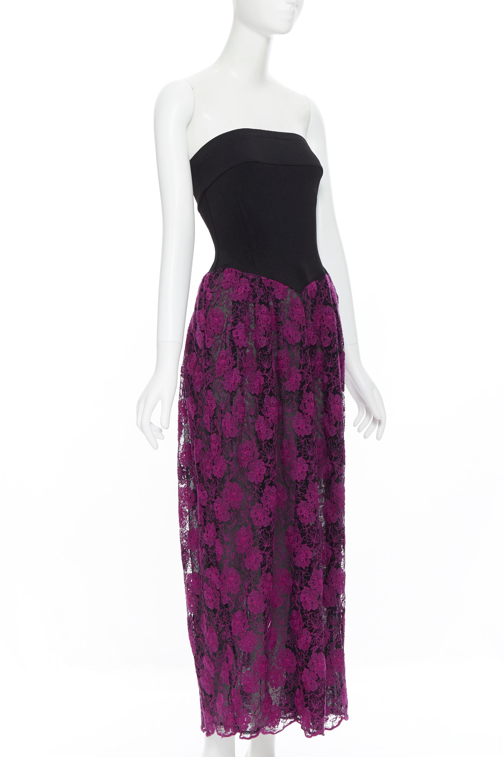 vintage MISSONI Black stretch bustier purple floral lace overlay maxi dress IT42 In Good Condition In Hong Kong, NT
