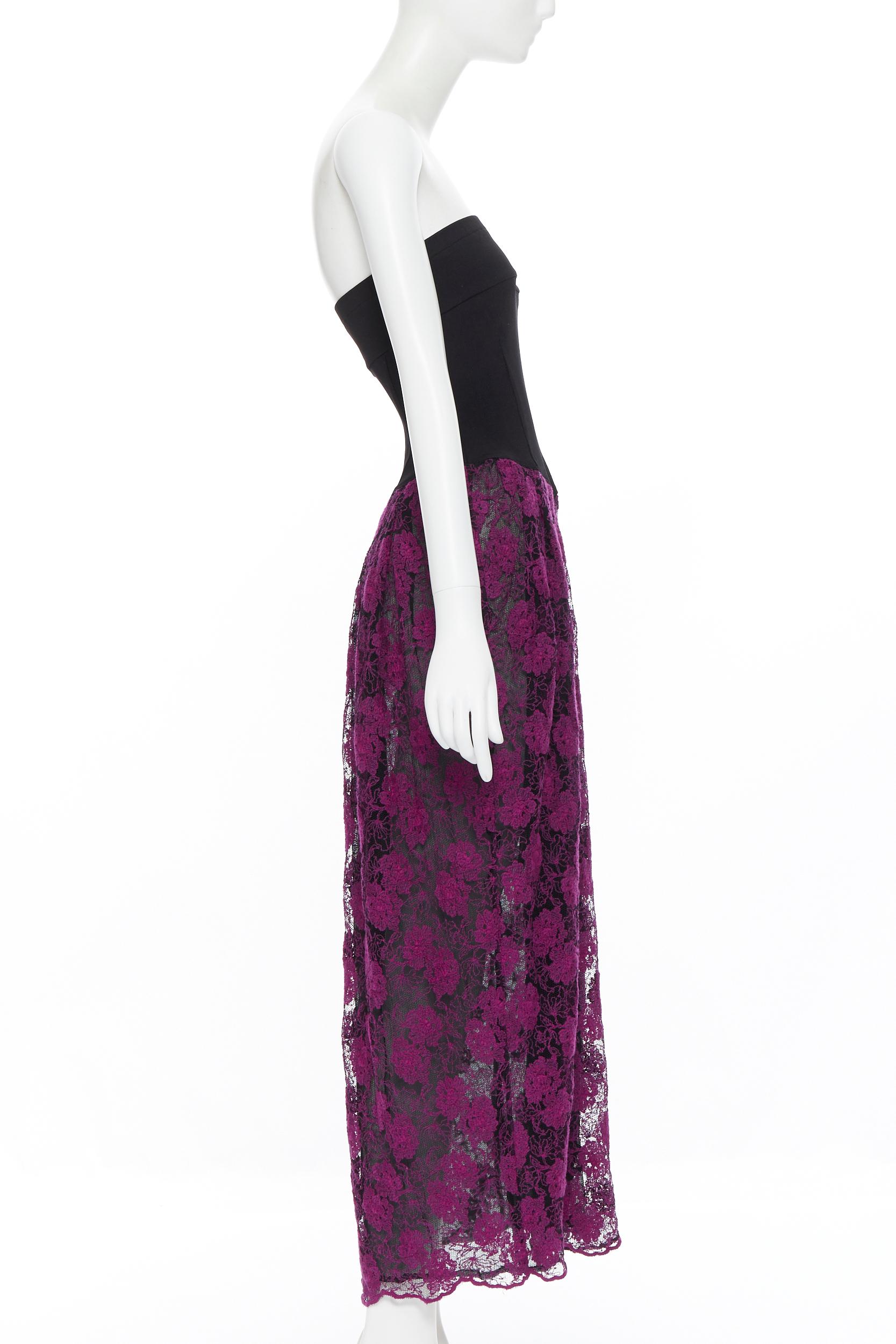 Women's vintage MISSONI Black stretch bustier purple floral lace overlay maxi dress IT42