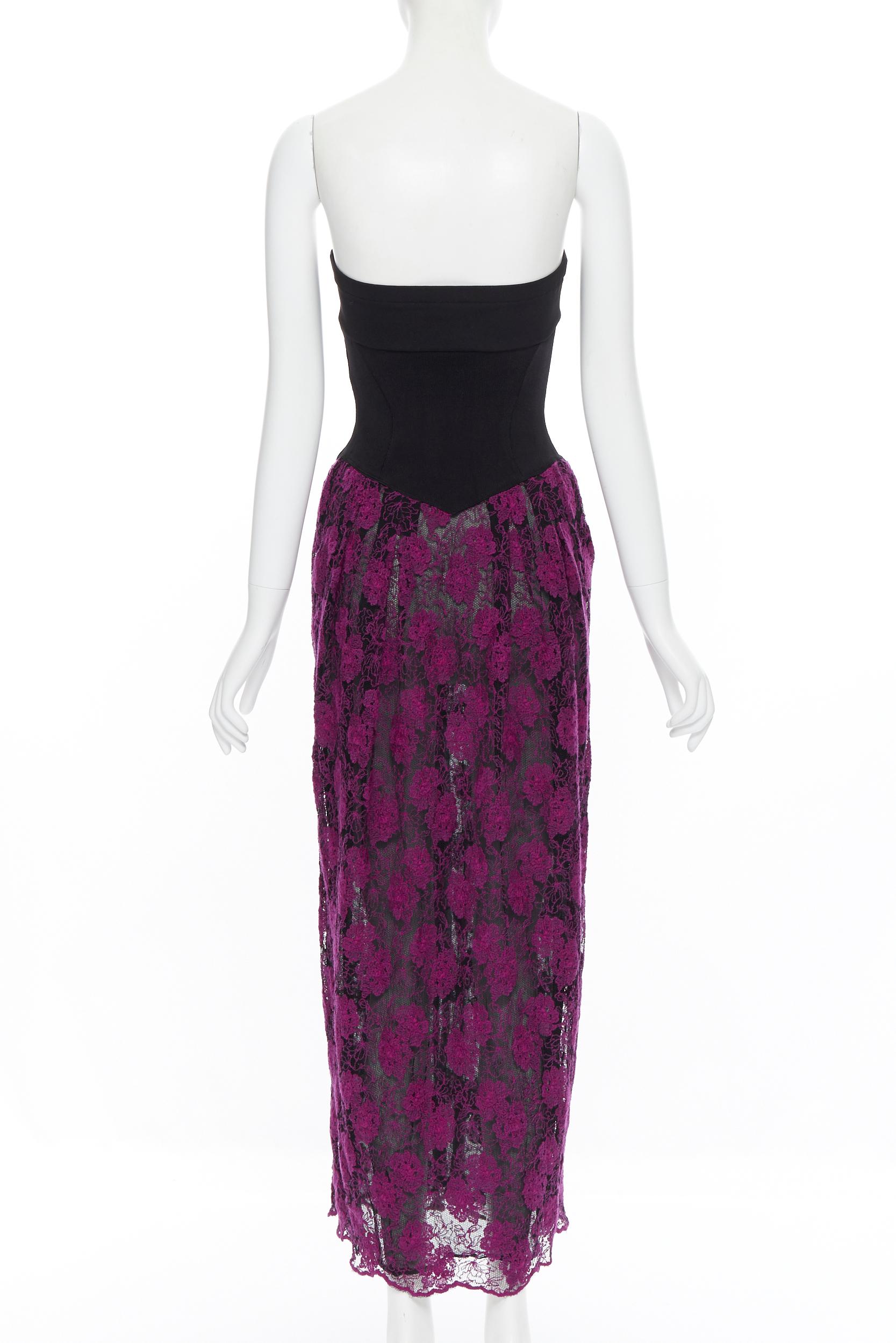 vintage MISSONI Black stretch bustier purple floral lace overlay maxi dress IT42 1