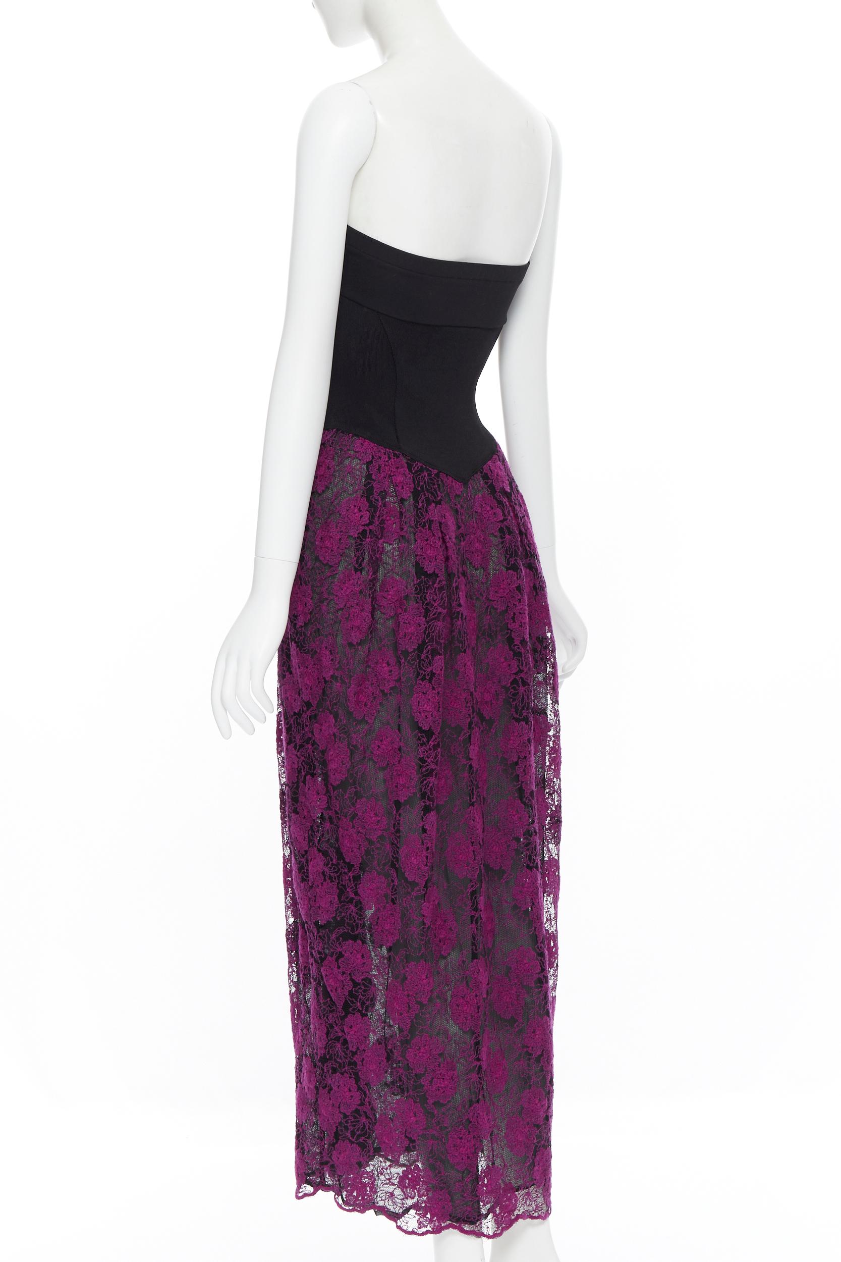 vintage MISSONI Black stretch bustier purple floral lace overlay maxi dress IT42 2