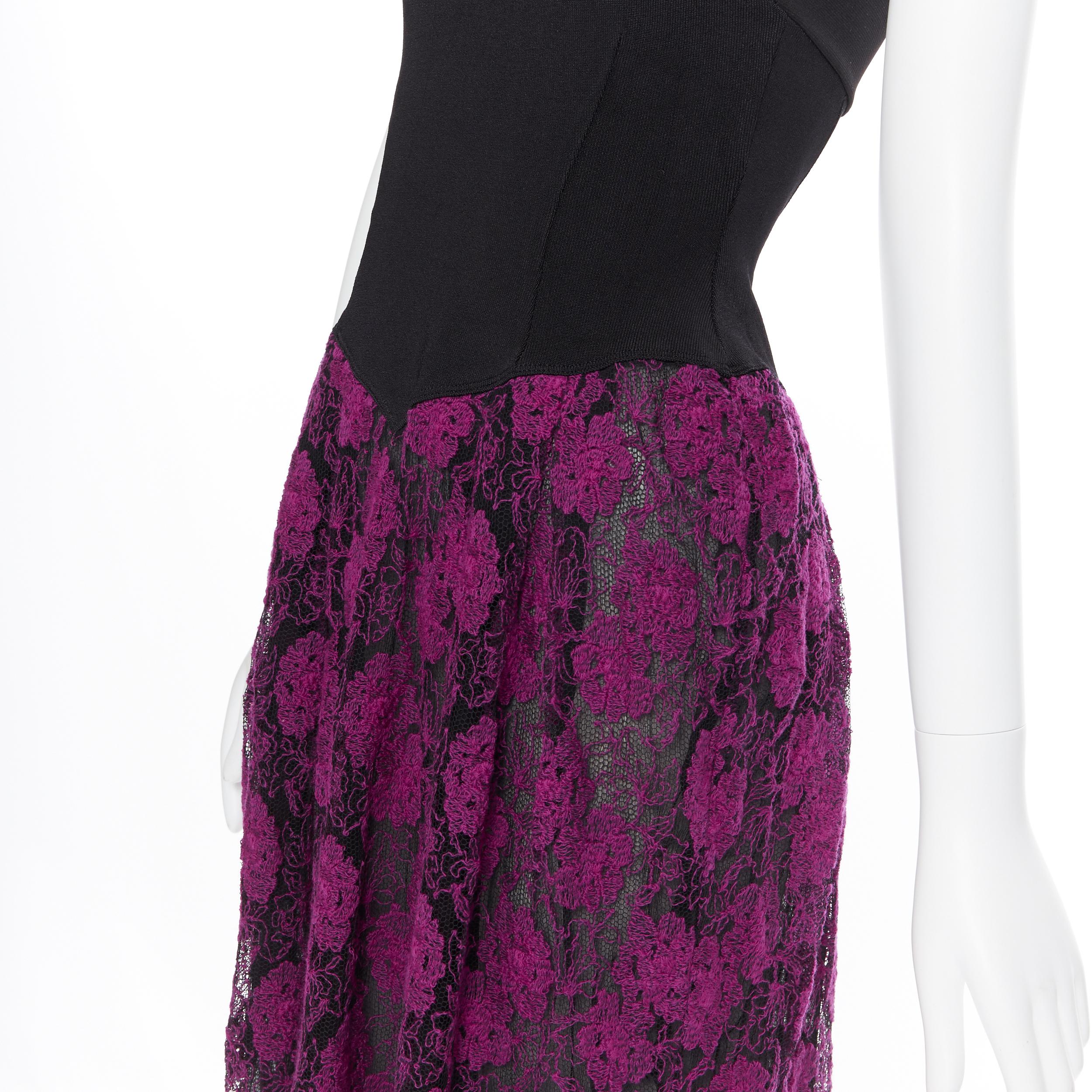 vintage MISSONI Black stretch bustier purple floral lace overlay maxi dress IT42 4
