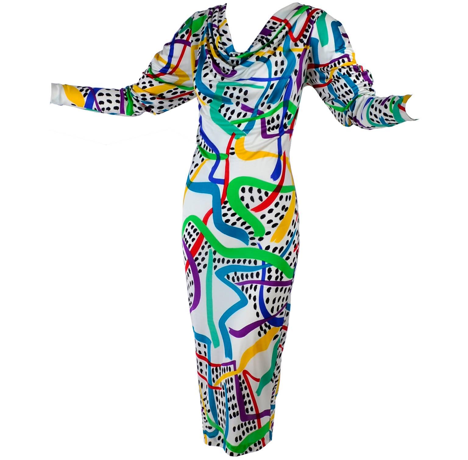 New With Tags Vintage Missoni Dress in colorful abstract Silk w Draped Neckline 