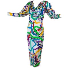 New With Tags Vintage Missoni Dress in colorful abstract Silk w Draped Neckline