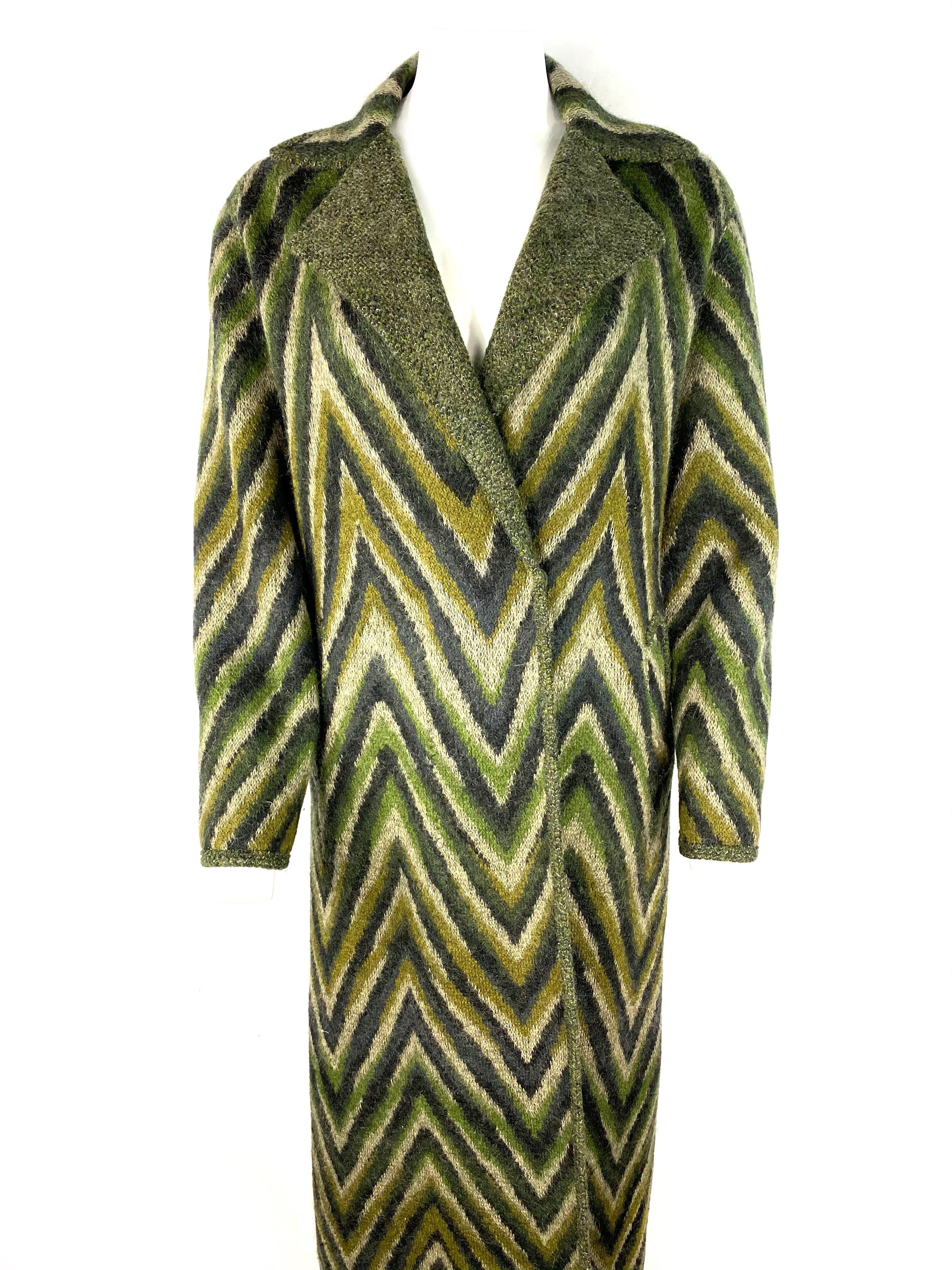 Vintage Missoni Green Striped Wool Blend Maxi Coat Jacket, Size 40 For Sale 4