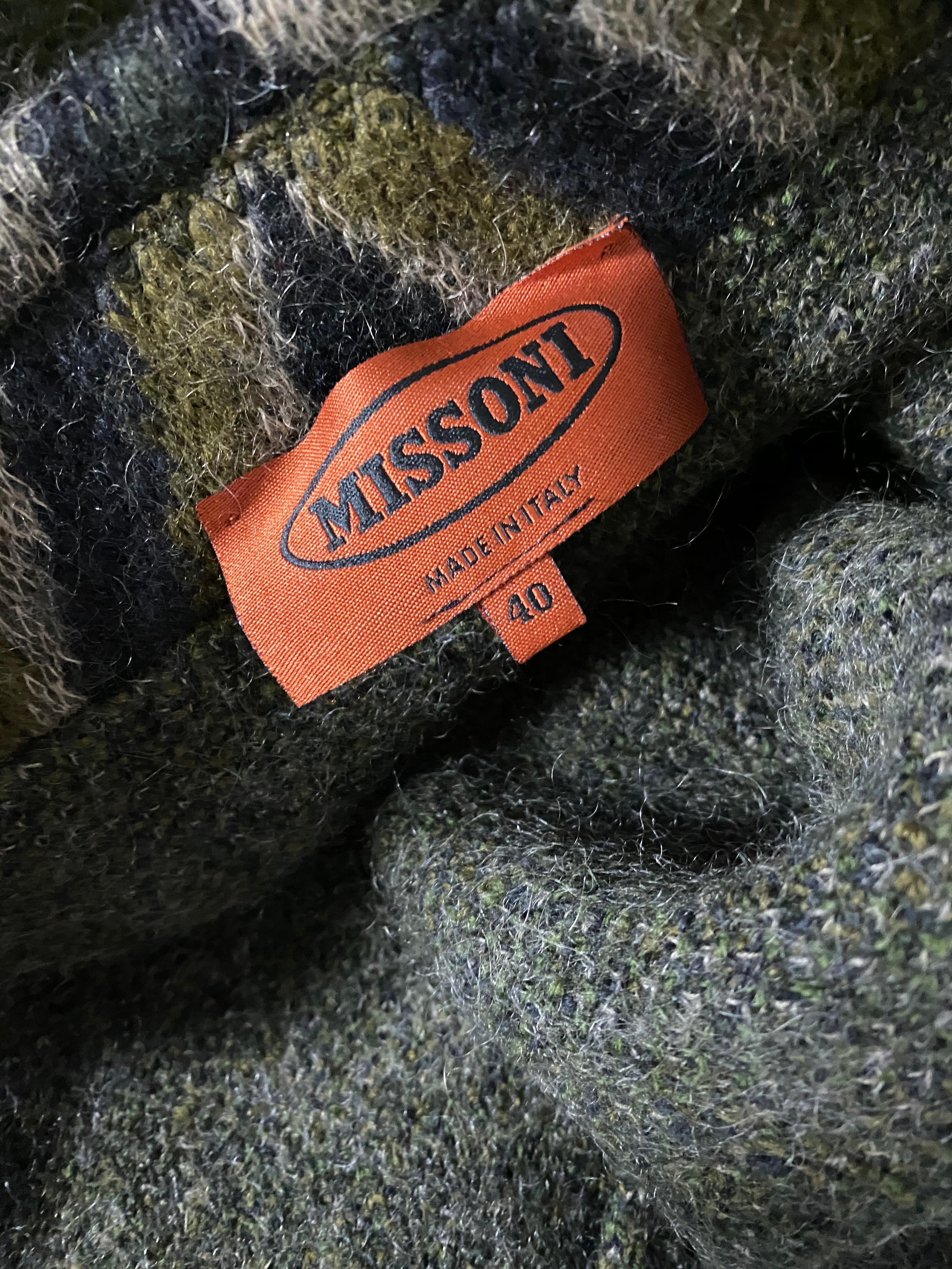 Vintage Missoni Green Striped Wool Blend Maxi Coat Jacket, Size 40 For Sale 7