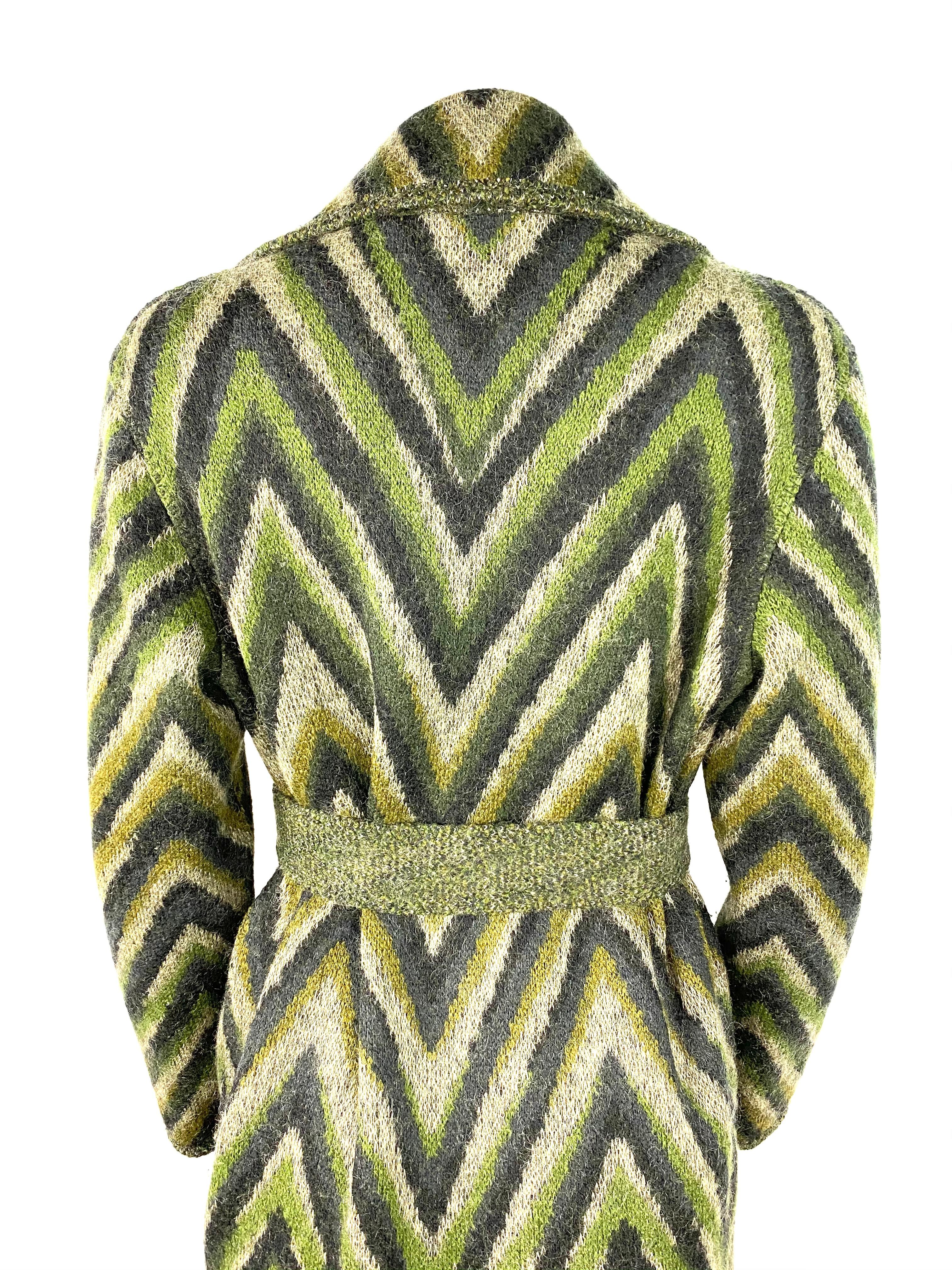 Vintage Missoni Green Striped Wool Blend Maxi Coat Jacket, Size 40 For Sale 1