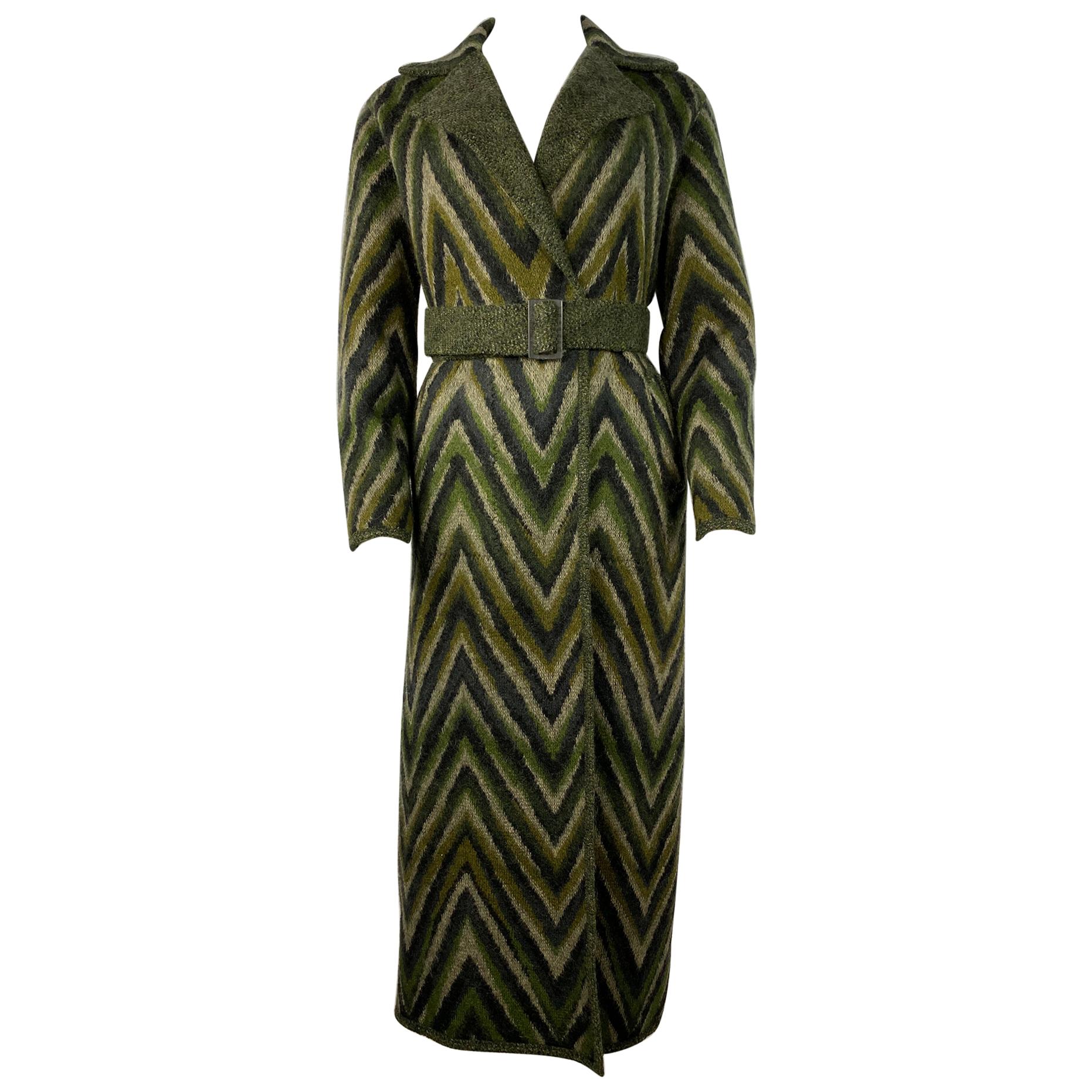 Missoni - Manteau long vintage en laine mélangée à rayures vertes, taille 40 en vente