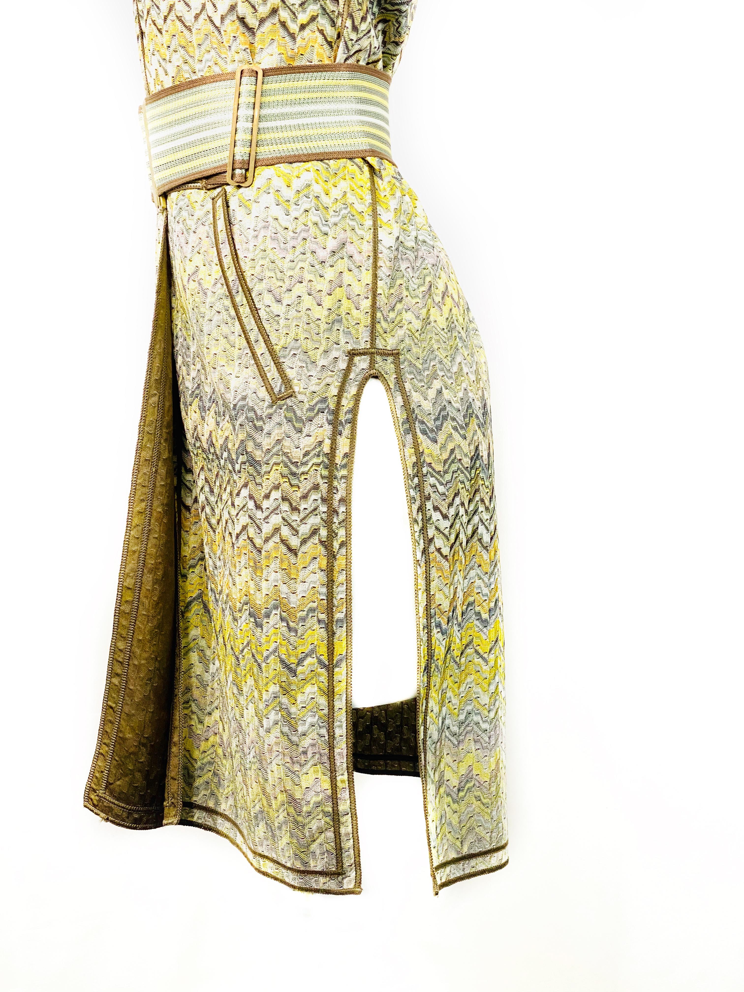 Beige Vintage Missoni Multi Color Coat Cover Up Mini Dress w/ Belt Size 42 For Sale
