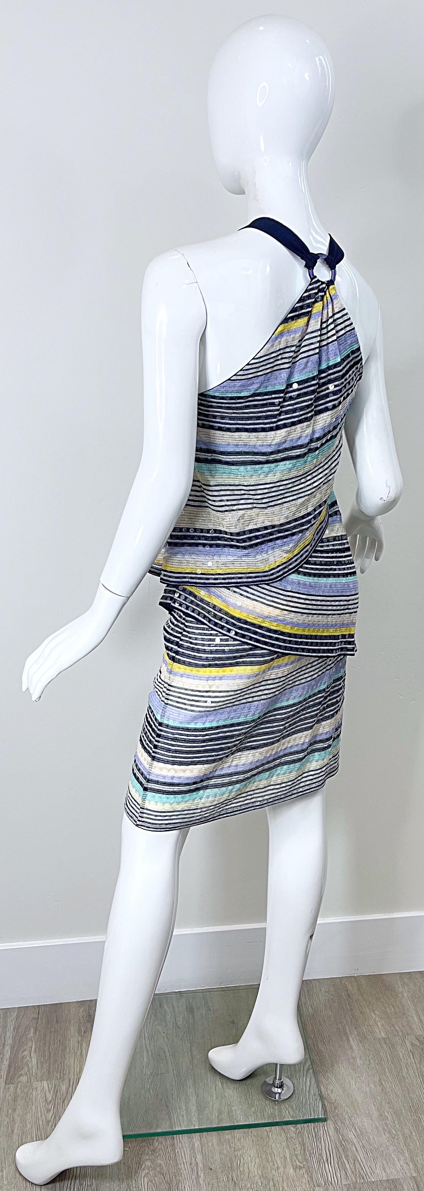 Vintage Missoni Größe 46 / US 10 2000s Voll Pailletten Blau Y2K Stricken Halter Kleid im Angebot 7