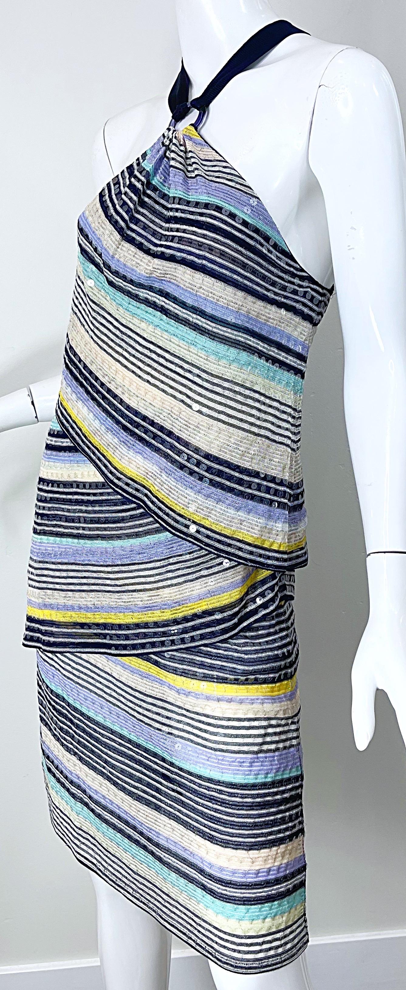 Vintage Missoni Größe 46 / US 10 2000s Voll Pailletten Blau Y2K Stricken Halter Kleid im Angebot 8