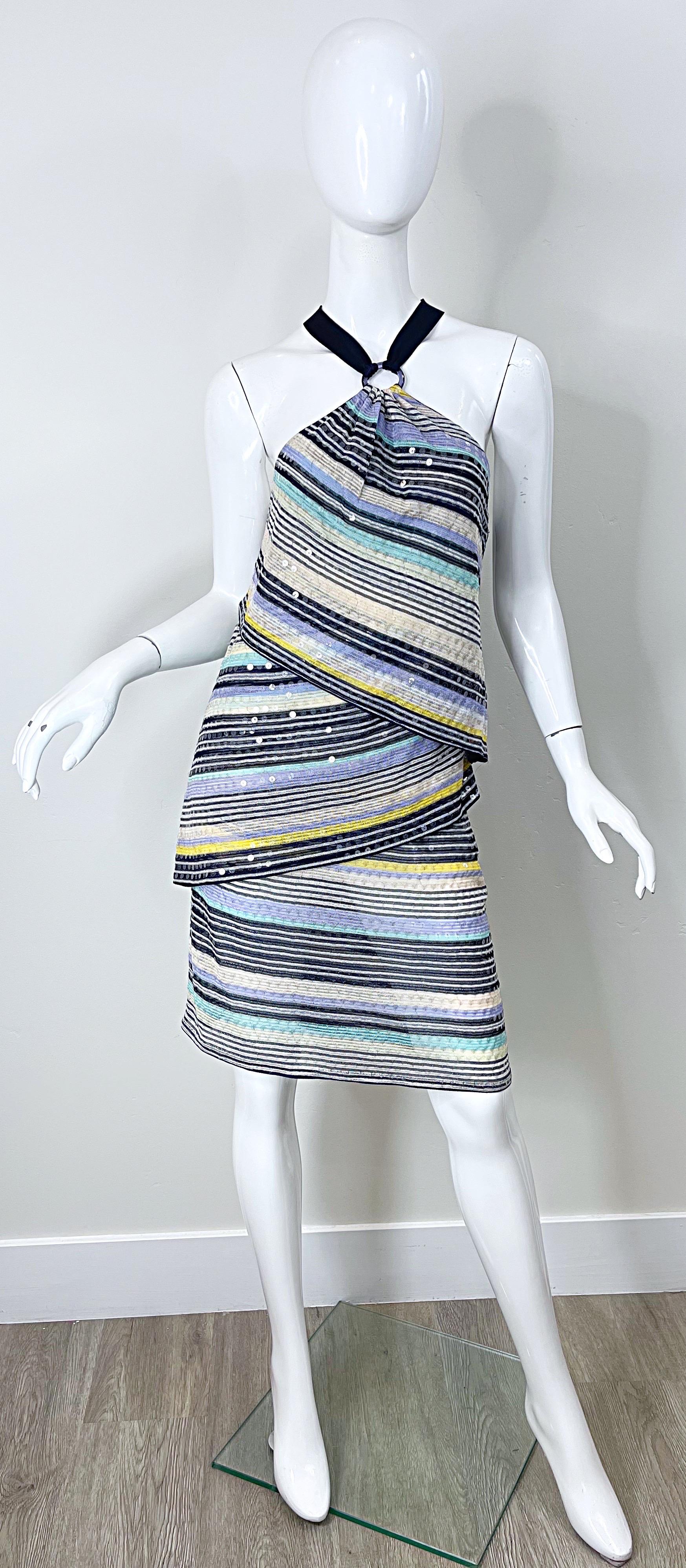 Vintage Missoni Größe 46 / US 10 2000s Voll Pailletten Blau Y2K Stricken Halter Kleid im Angebot 9