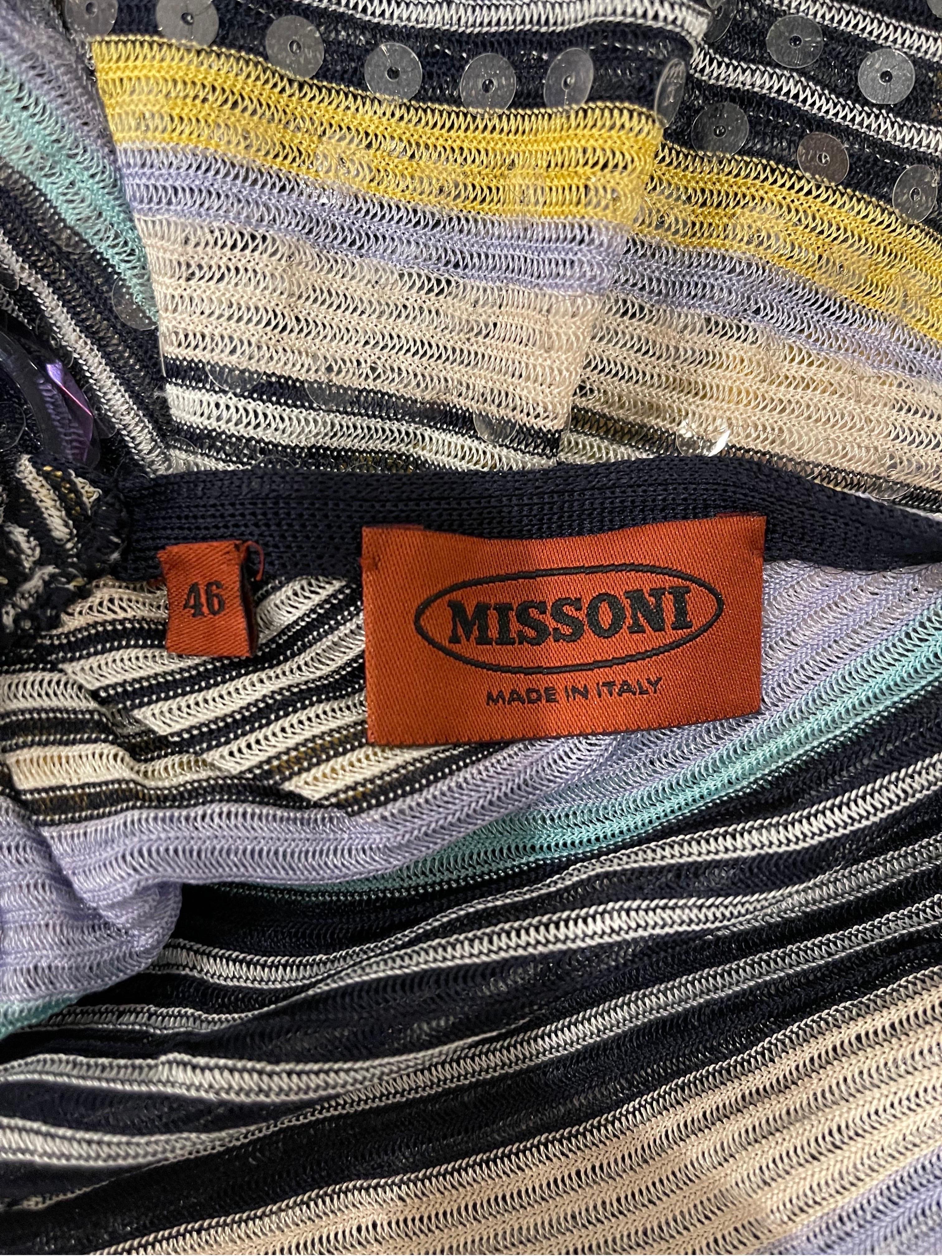 Never worn early 2000s MISSONI fully sequined striped knit halter dress ! Features vibrant colors of blue, turquoise, navy blue and yellow throughout. Thousands of hand-sewn clear sequins sparkle with movement. Simply slips over the head and