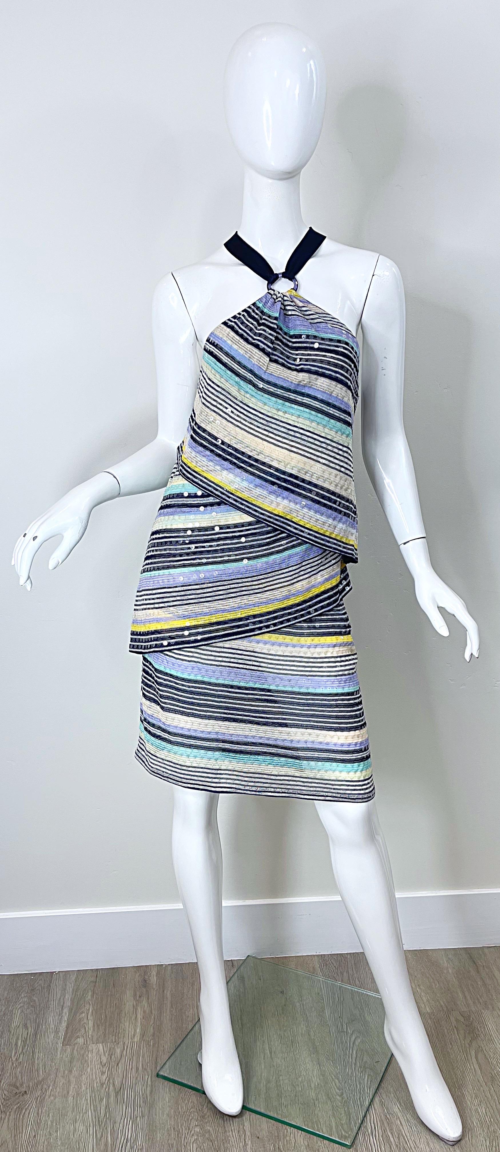 Vintage Missoni Größe 46 / US 10 2000s Voll Pailletten Blau Y2K Stricken Halter Kleid (Grau) im Angebot