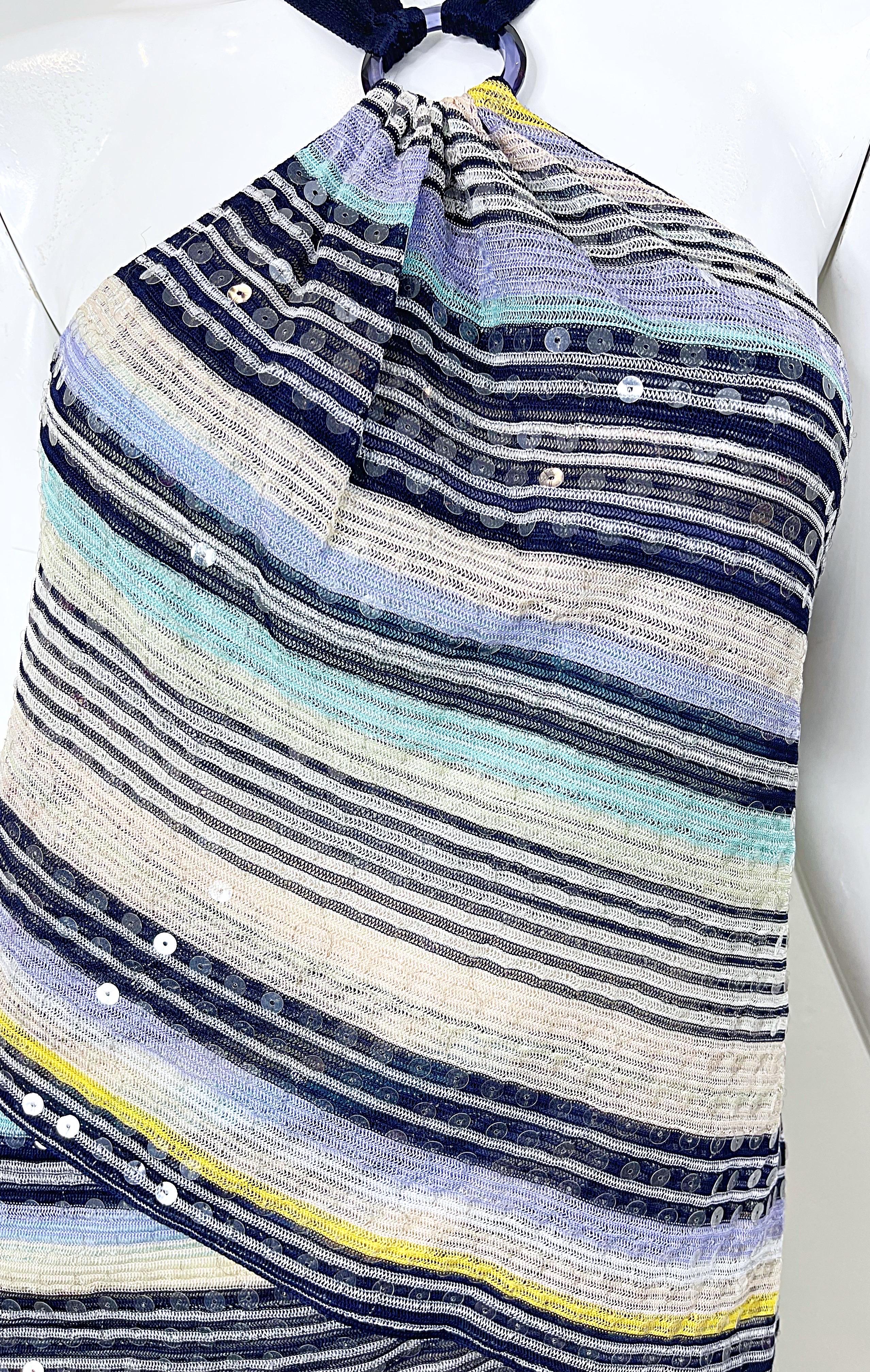 Vintage Missoni Größe 46 / US 10 2000s Voll Pailletten Blau Y2K Stricken Halter Kleid im Zustand „Hervorragend“ im Angebot in San Diego, CA