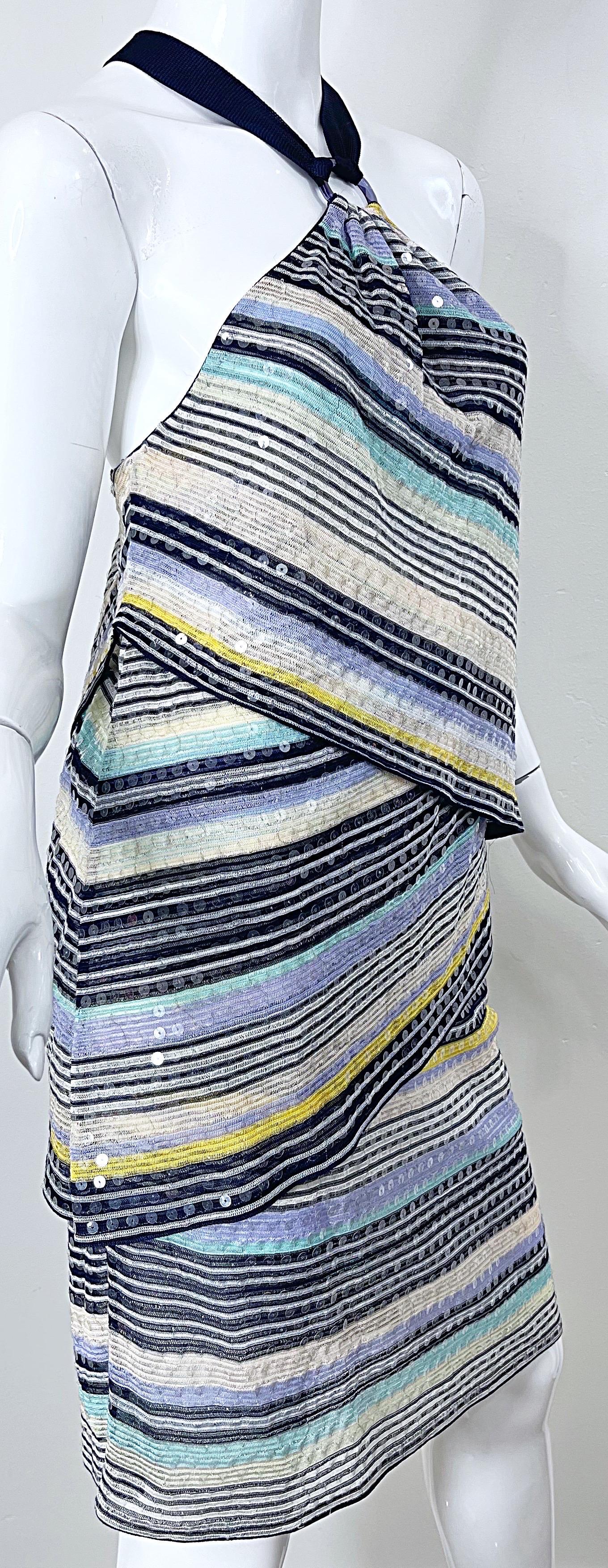Vintage Missoni Größe 46 / US 10 2000s Voll Pailletten Blau Y2K Stricken Halter Kleid im Angebot 1