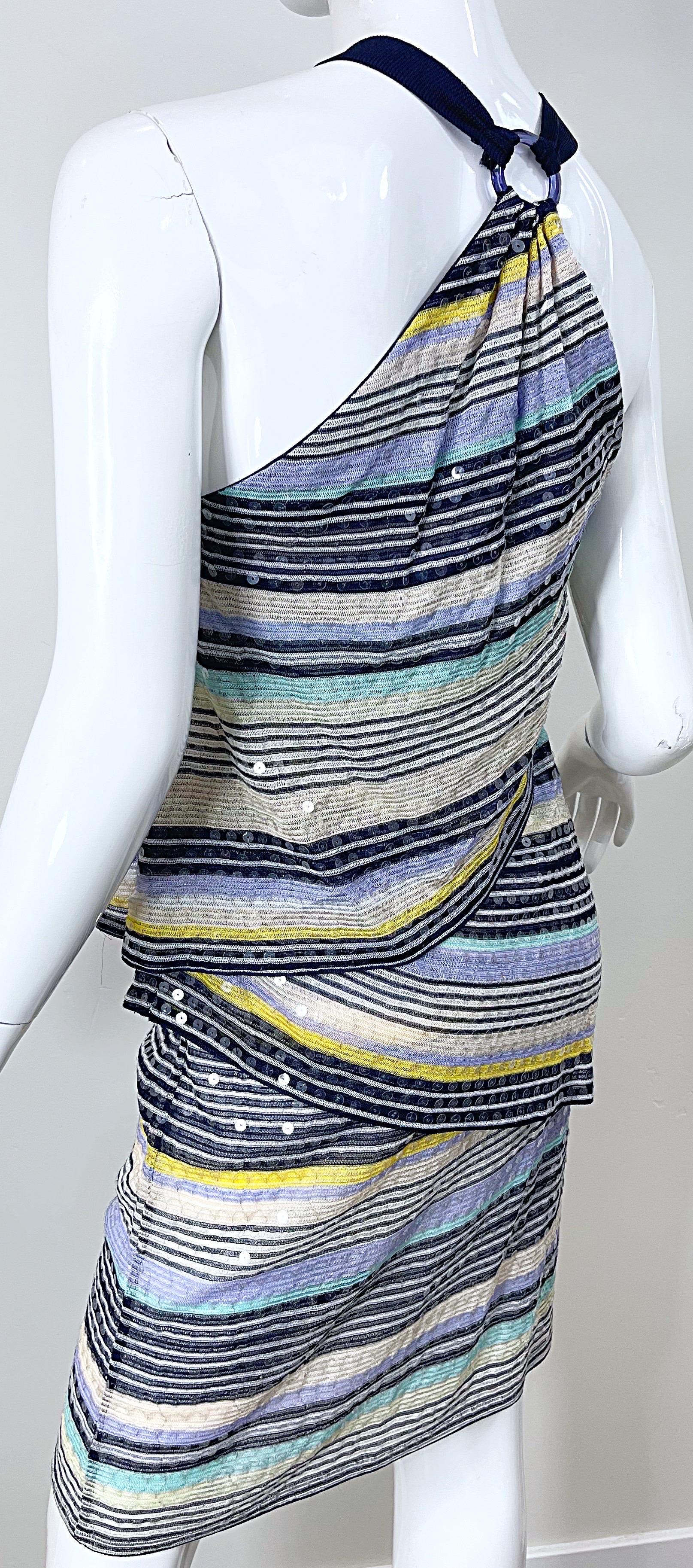 Vintage Missoni Size 46 / US 10 2000s Fully Sequin Blue Y2K Knit Halter Dress  In Excellent Condition For Sale In San Diego, CA