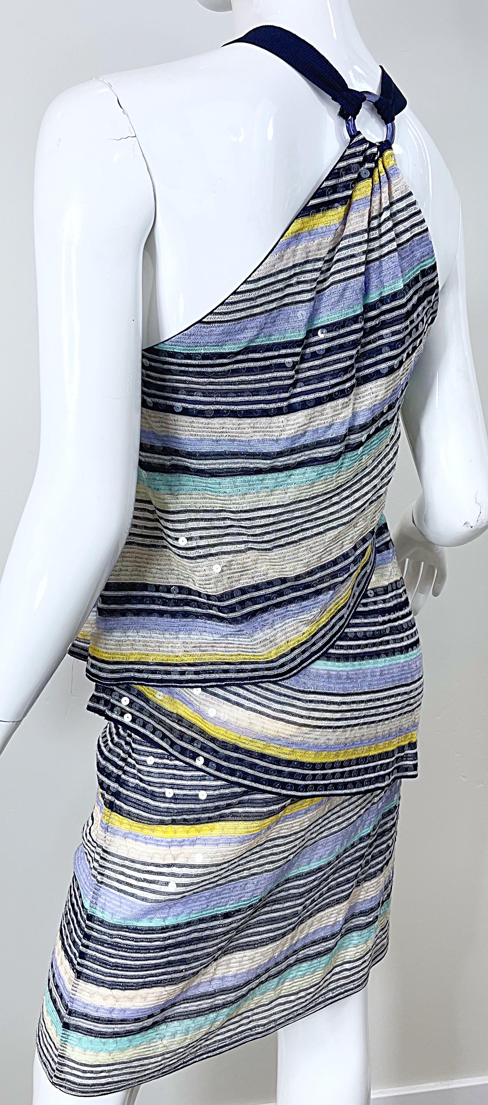 Vintage Missoni Größe 46 / US 10 2000s Voll Pailletten Blau Y2K Stricken Halter Kleid im Angebot 2