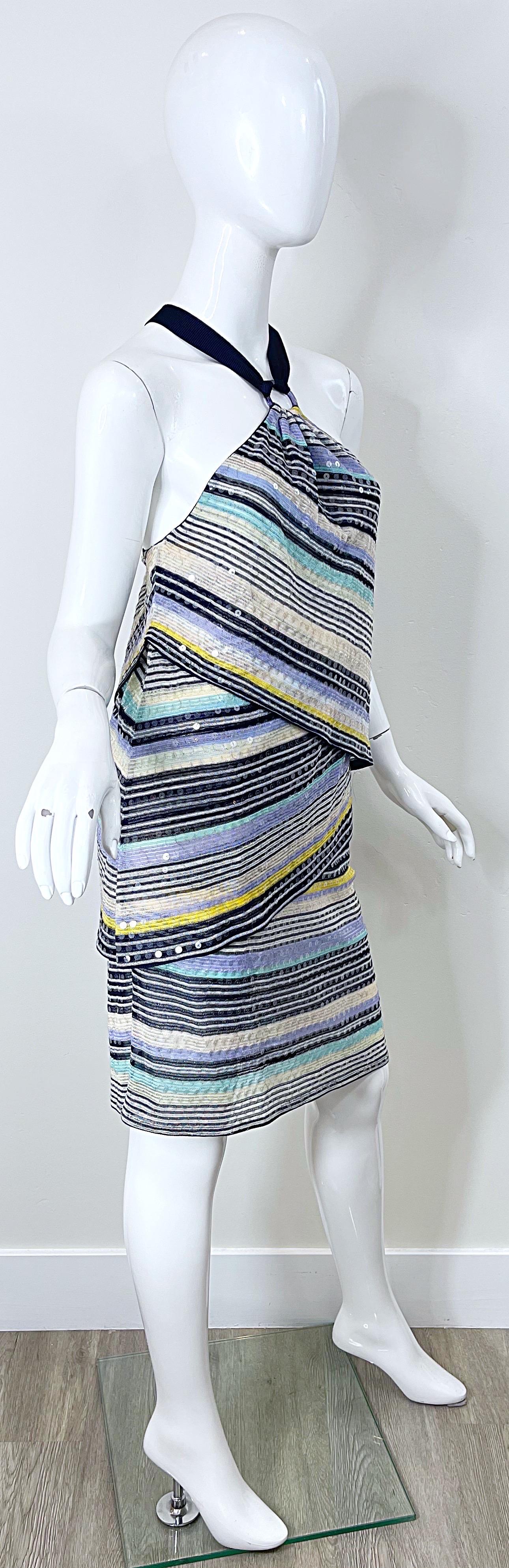 Vintage Missoni Größe 46 / US 10 2000s Voll Pailletten Blau Y2K Stricken Halter Kleid im Angebot 3