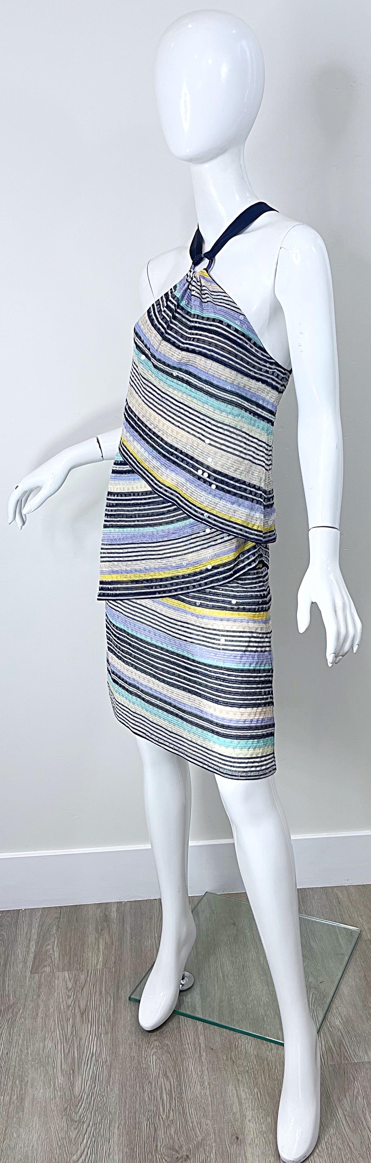 Vintage Missoni Größe 46 / US 10 2000s Voll Pailletten Blau Y2K Stricken Halter Kleid im Angebot 4