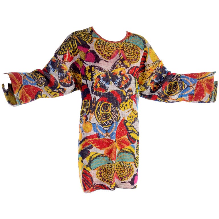Vintage Missoni Sweater or Mini Dress in Linen Cotton Blend Knit Butterfly Print at 1stDibs